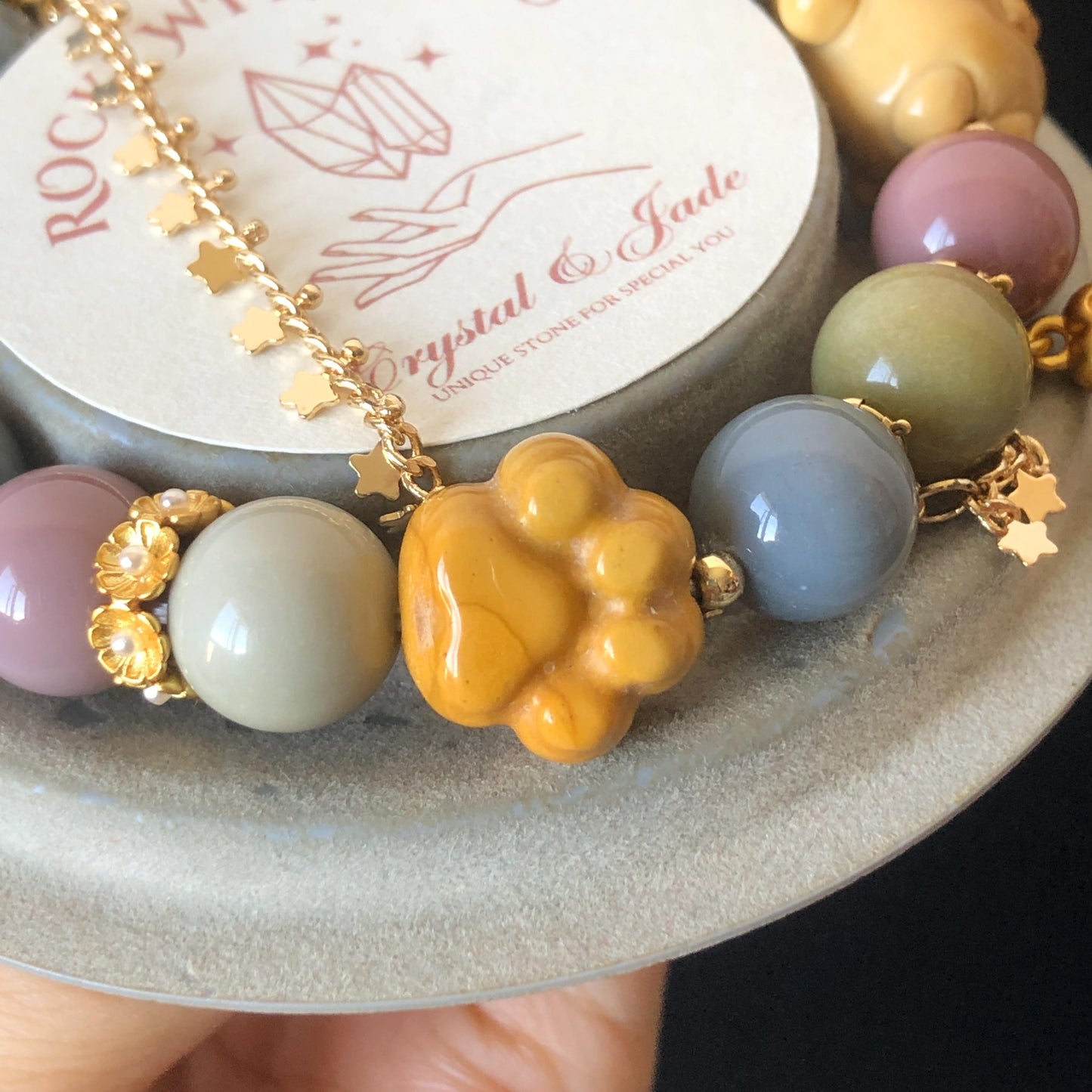 Alashan Agate Sanrio Pom Pom Purin with carved Dog Paw and Bone charm Bead Crystal Bracelet | Gemstone custom made | Removable Chain Dangler, macaroon rainbow colour, gold-plated accessories, crystal bead bracelet, dog paw charm, born charm, big bead