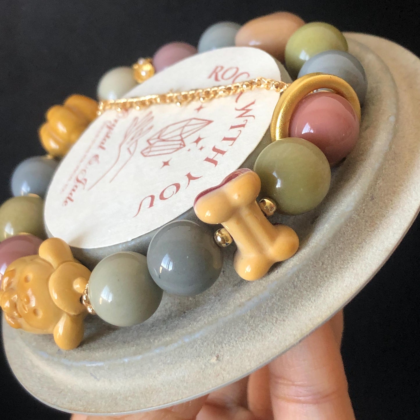 Alashan Agate Sanrio Pom Pom Purin with carved Dog Paw and Bone charm Bead Crystal Bracelet | Gemstone custom made | Removable Chain Dangler, macaroon rainbow colour, gold-plated accessories, crystal bead bracelet, dog paw charm, born charm, big bead