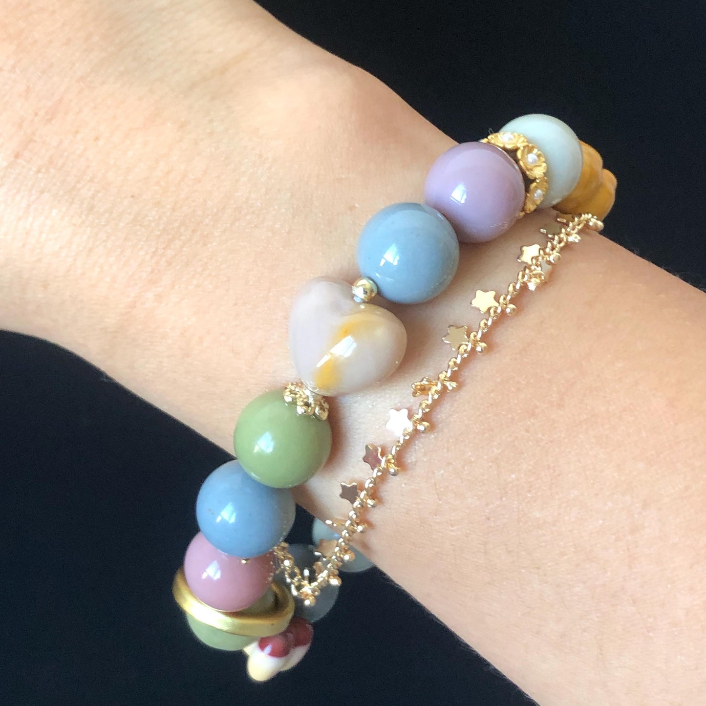 Alashan Agate Sanrio Pom Pom Purin with carved Dog Paw and Bone charm Bead Crystal Bracelet | Gemstone custom made | Removable Chain Dangler, macaroon rainbow colour, gold-plated accessories, crystal bead bracelet, dog paw charm, born charm, big bead