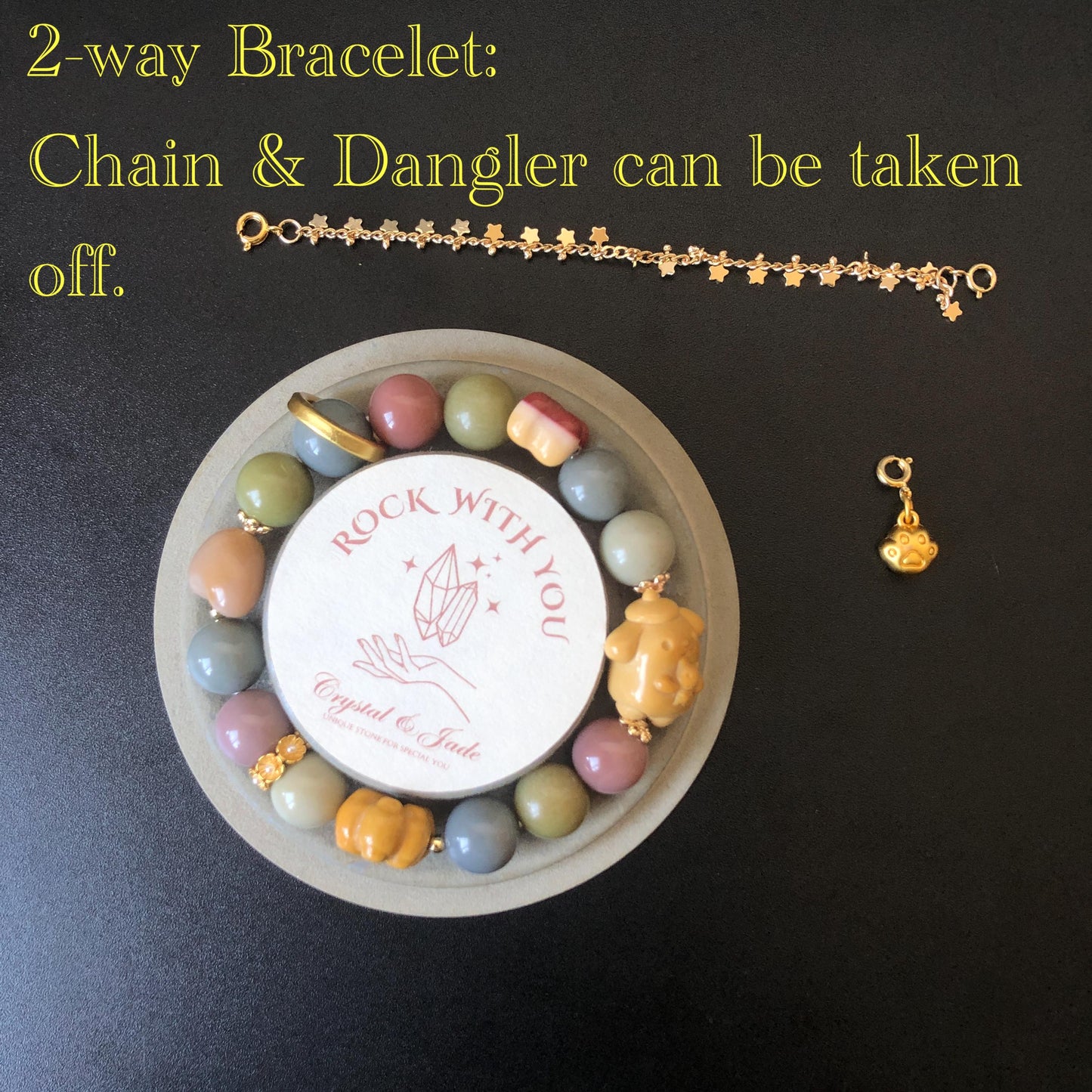 Alashan Agate Sanrio Pom Pom Purin with carved Dog Paw and Bone charm Bead Crystal Bracelet | Gemstone custom made | Removable Chain Dangler, macaroon rainbow colour, gold-plated accessories, crystal bead bracelet, dog paw charm, born charm, big bead