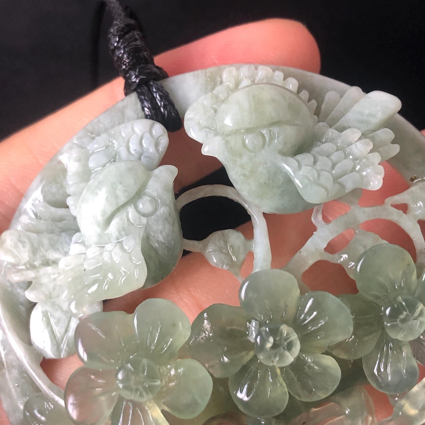 Certified Xiu Jade Hand Carved Magpie Birds Flower Pendant Adjustable Necklace, “囍” Charm, Green & White, Serpentine Stone Gemstone, Natural Green Jade, white jade, choker necklace, plum blossom, double happiness, good luck charm, marriage gift