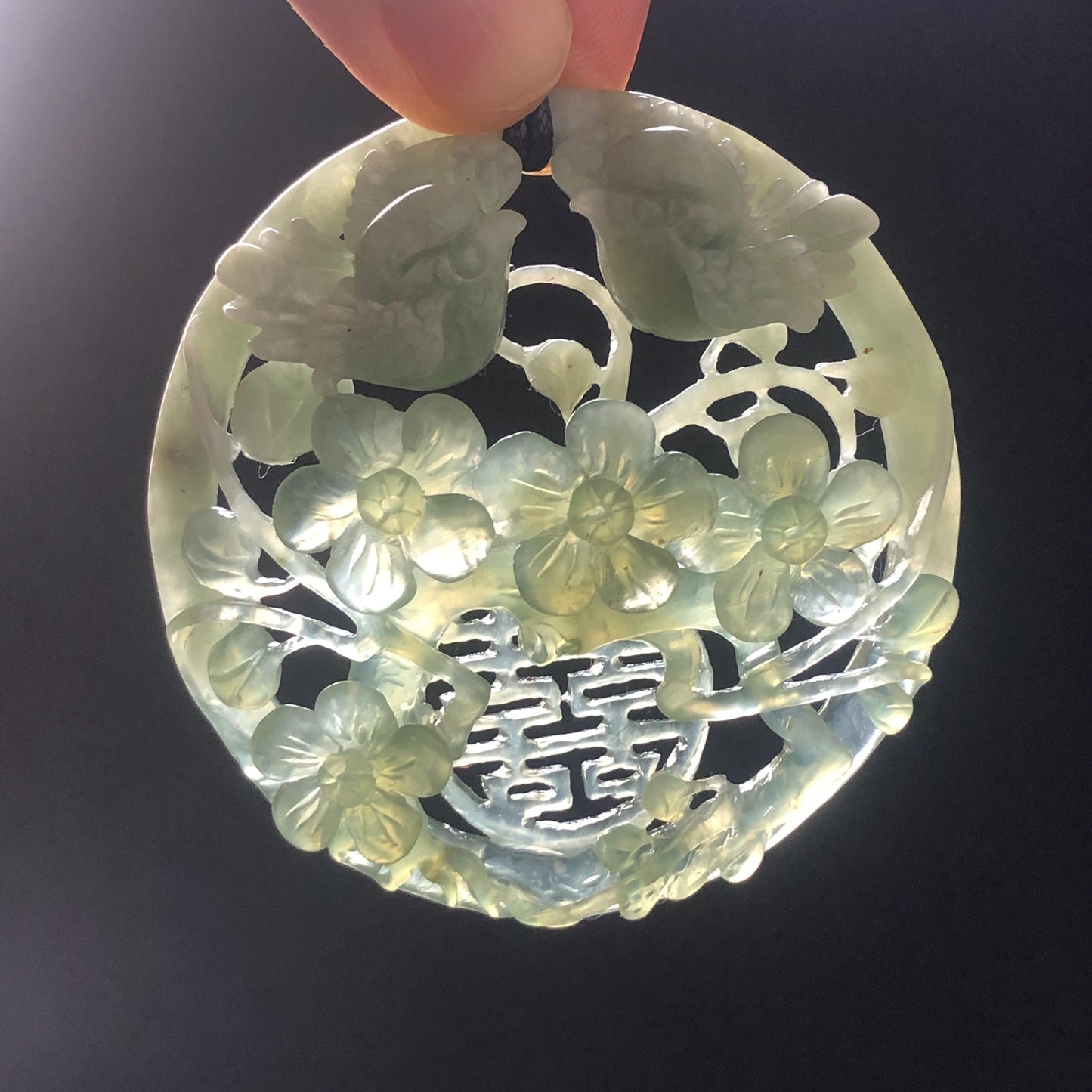 Certified Xiu Jade Hand Carved Magpie Birds Flower Pendant Adjustable Necklace, “囍” Charm, Green & White, Serpentine Stone Gemstone, Natural Green Jade, white jade, choker necklace, plum blossom, double happiness, good luck charm, marriage gift