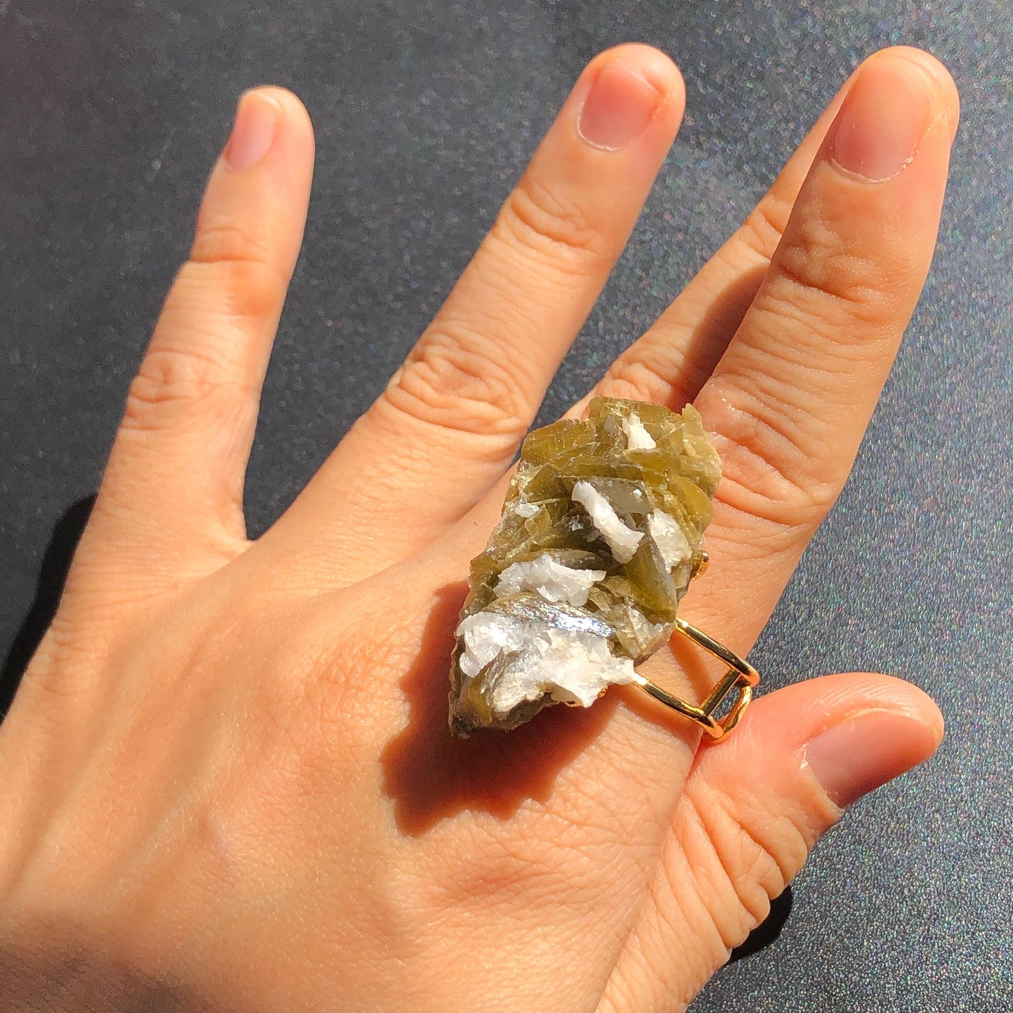 Raw Siderite Dolomite Ring, Raw Green White Crystal Big Raw Stone Ring, Large Statement Ring, Chunky Irregular Ring Gift, Raw Minerals Ring, adjustable band ring, gold plated copper ring, raw rock, birthstone ring, huge cocktail ring for men women