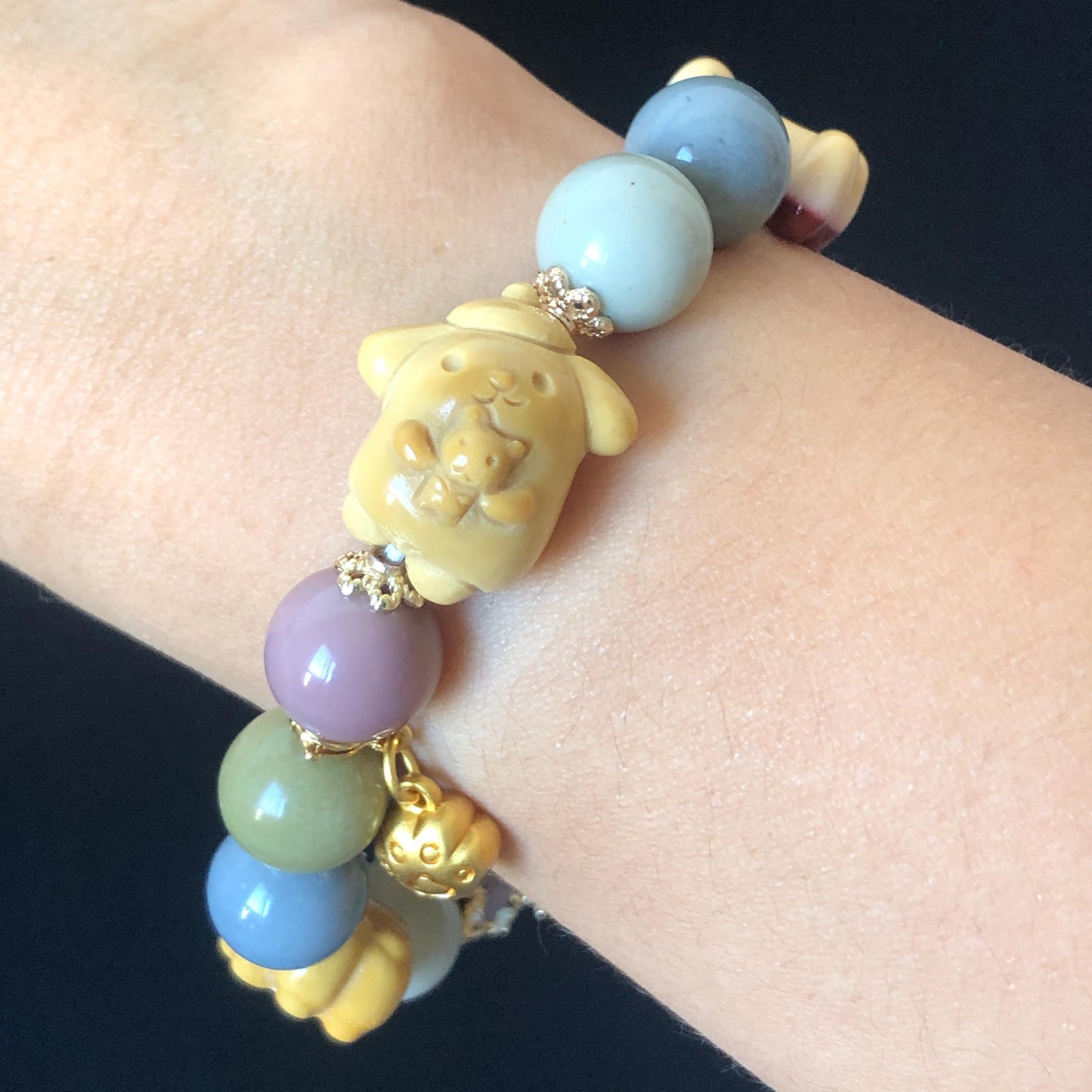 Alashan Agate Sanrio Pom Pom Purin with carved Dog Paw and Bone charm Bead Crystal Bracelet | Gemstone custom made | Removable Chain Dangler, macaroon rainbow colour, gold-plated accessories, crystal bead bracelet, dog paw charm, born charm, big bead