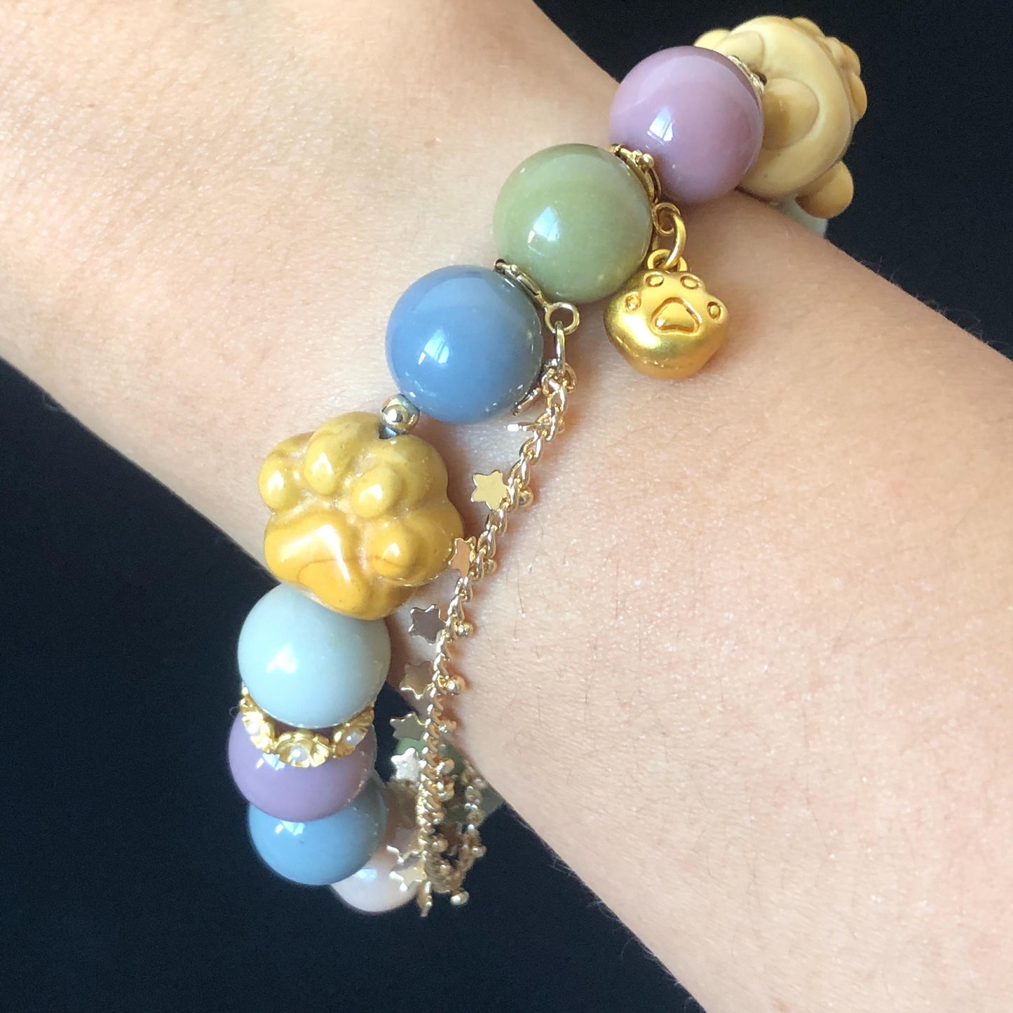 Alashan Agate Sanrio Pom Pom Purin with carved Dog Paw and Bone charm Bead Crystal Bracelet | Gemstone custom made | Removable Chain Dangler, macaroon rainbow colour, gold-plated accessories, crystal bead bracelet, dog paw charm, born charm, big bead