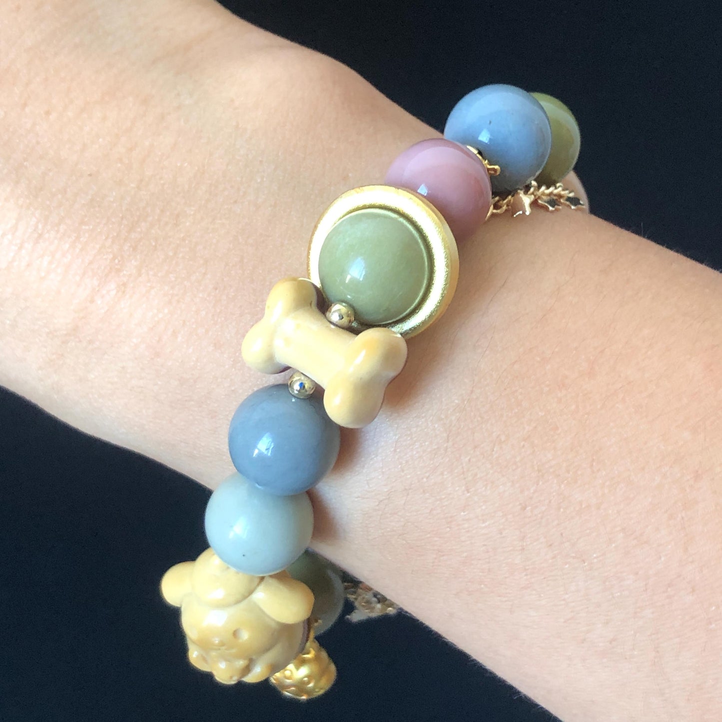 Alashan Agate Sanrio Pom Pom Purin with carved Dog Paw and Bone charm Bead Crystal Bracelet | Gemstone custom made | Removable Chain Dangler, macaroon rainbow colour, gold-plated accessories, crystal bead bracelet, dog paw charm, born charm, big bead