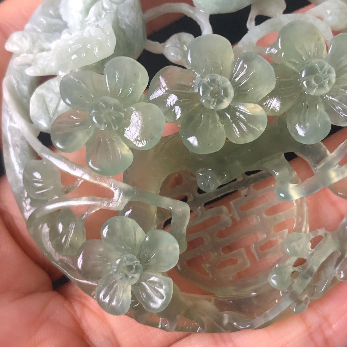 Certified Xiu Jade Hand Carved Magpie Birds Flower Pendant Adjustable Necklace, “囍” Charm, Green & White, Serpentine Stone Gemstone, Natural Green Jade, white jade, choker necklace, plum blossom, double happiness, good luck charm, marriage gift