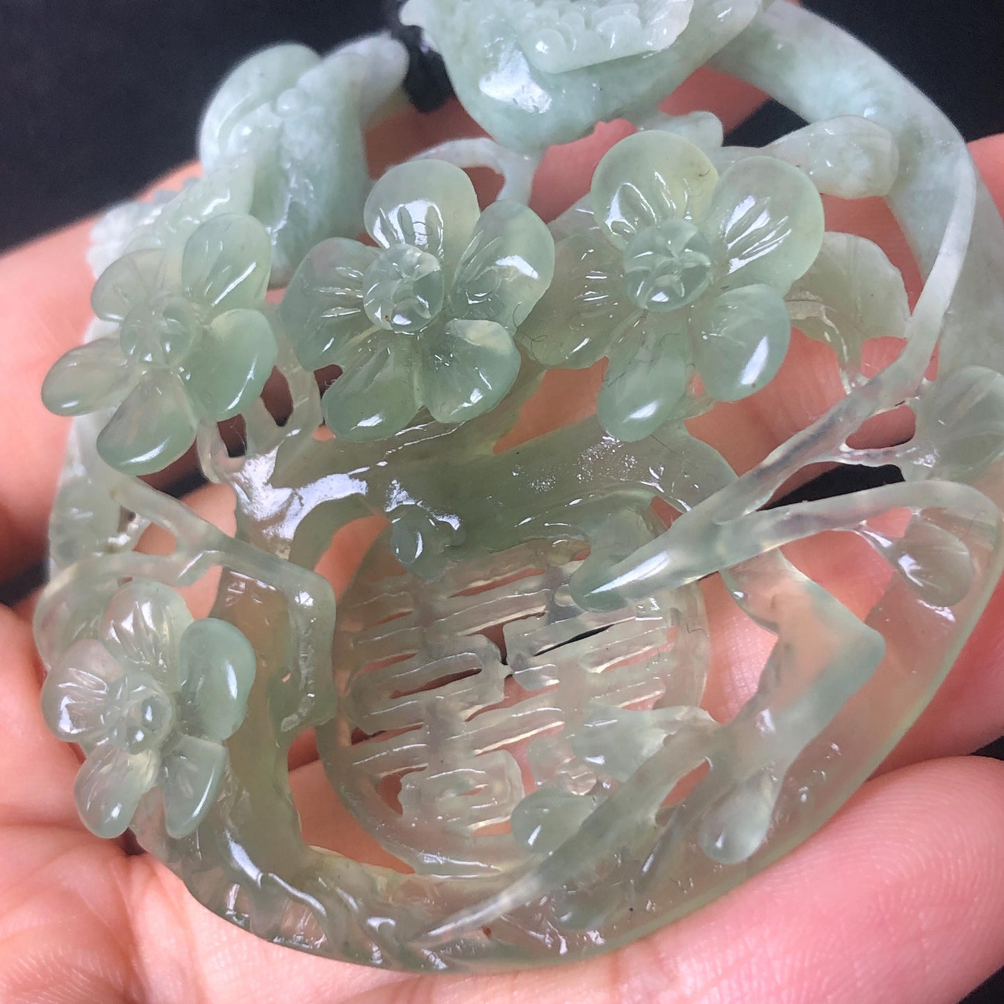Certified Xiu Jade Hand Carved Magpie Birds Flower Pendant Adjustable Necklace, “囍” Charm, Green & White, Serpentine Stone Gemstone, Natural Green Jade, white jade, choker necklace, plum blossom, double happiness, good luck charm, marriage gift