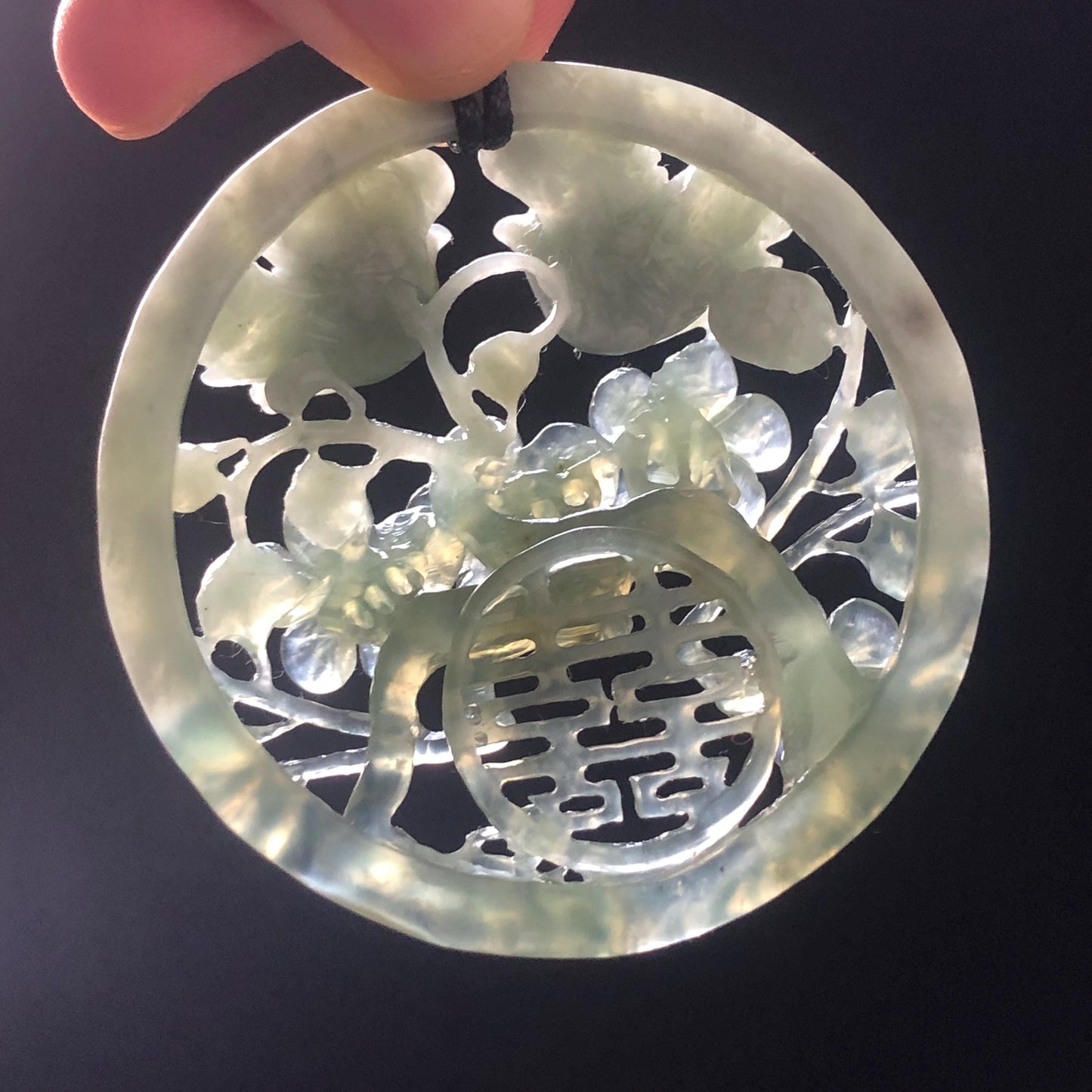 Certified Xiu Jade Hand Carved Magpie Birds Flower Pendant Adjustable Necklace, “囍” Charm, Green & White, Serpentine Stone Gemstone, Natural Green Jade, white jade, choker necklace, plum blossom, double happiness, good luck charm, marriage gift