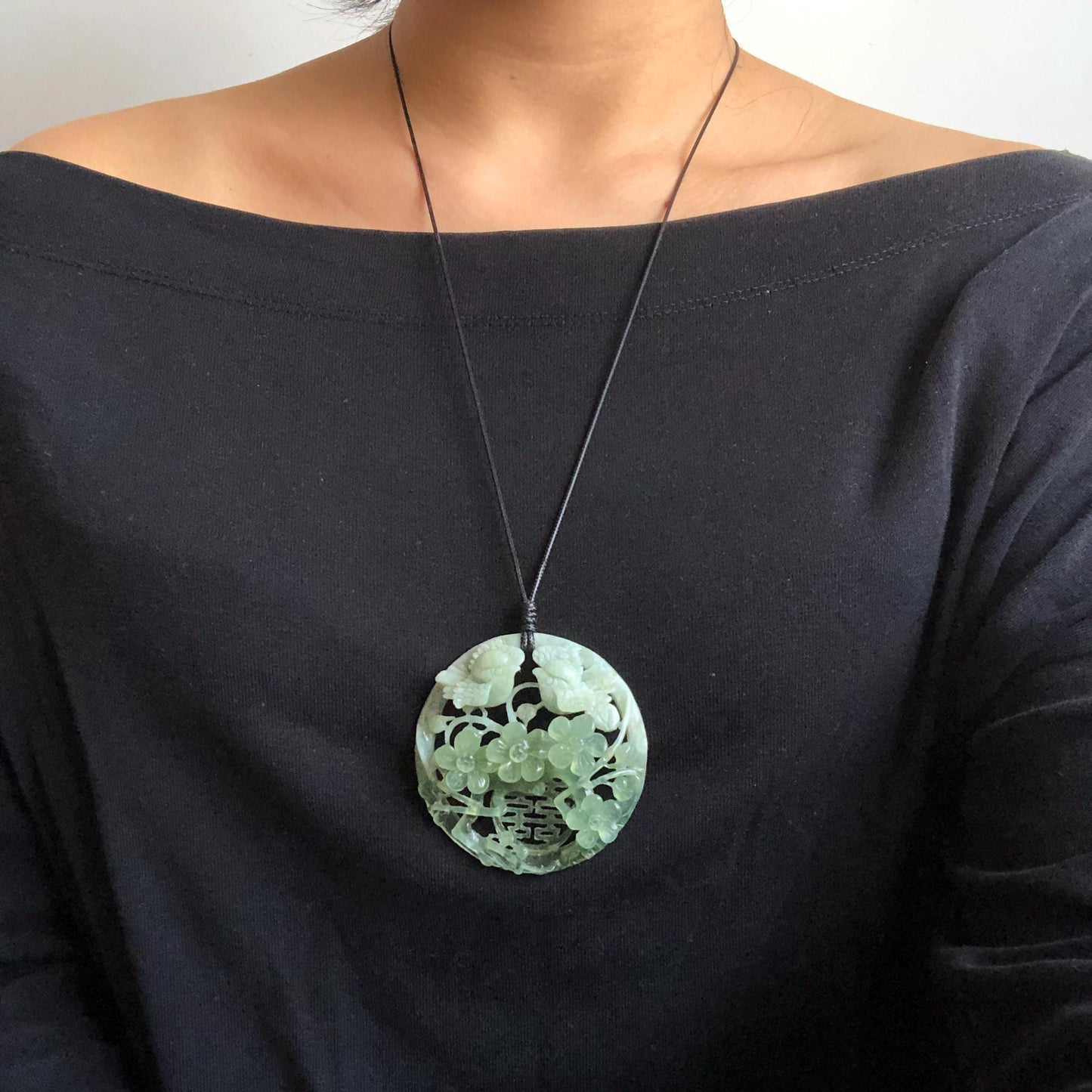 Certified Xiu Jade Hand Carved Magpie Birds Flower Pendant Adjustable Necklace, “囍” Charm, Green & White, Serpentine Stone Gemstone, Natural Green Jade, white jade, choker necklace, plum blossom, double happiness, good luck charm, marriage gift