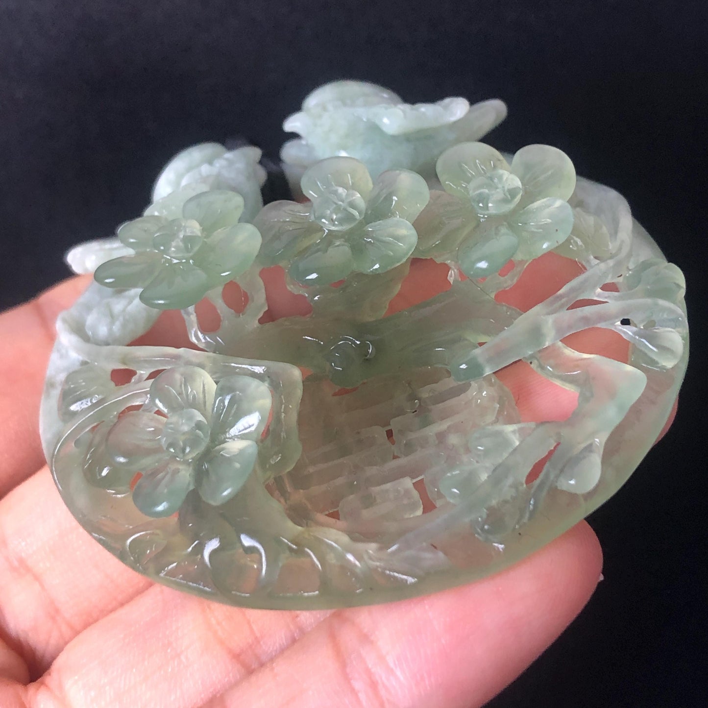 Certified Xiu Jade Hand Carved Magpie Birds Flower Pendant Adjustable Necklace, “囍” Charm, Green & White, Serpentine Stone Gemstone, Natural Green Jade, white jade, choker necklace, plum blossom, double happiness, good luck charm, marriage gift