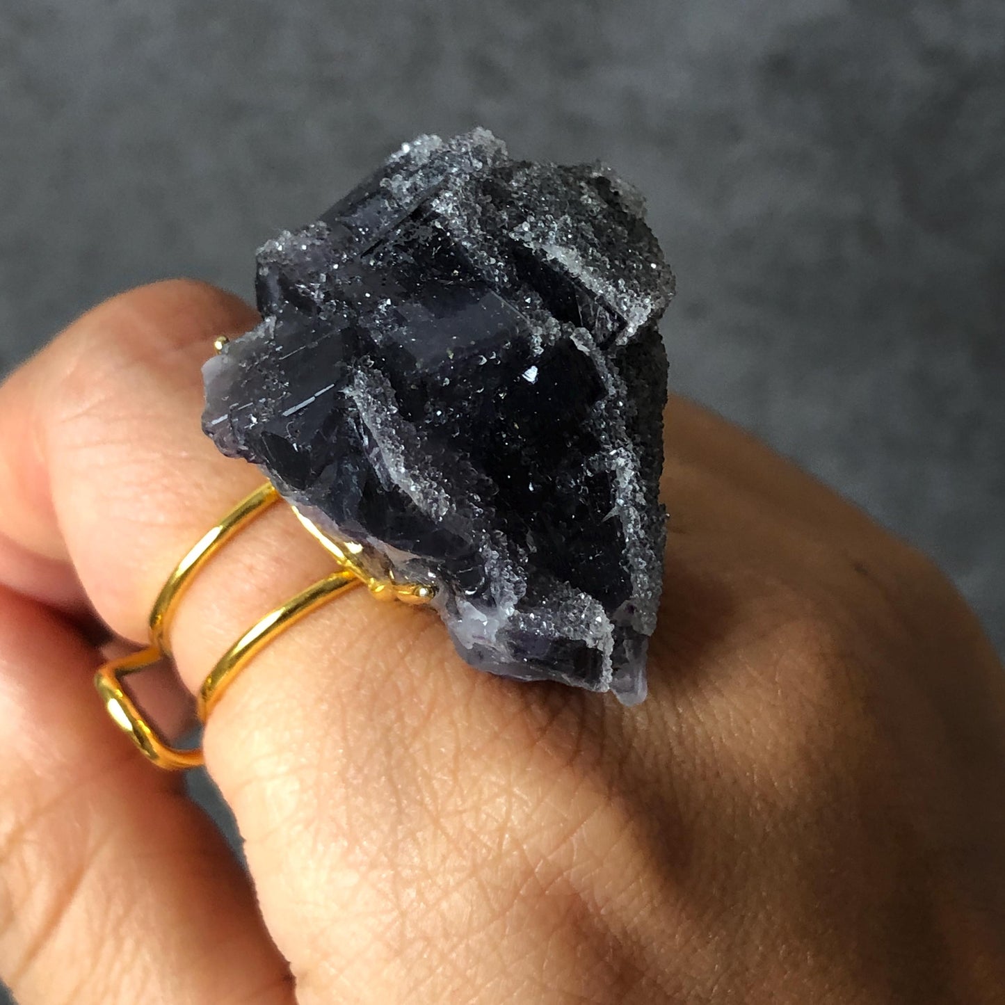 Raw Fluorite Ring, Deep Purple Cube, Sparky Large Raw Stone Ring Big Crystal Ring, Chunky Irregular ring gift, Huge Statement Ring, large cocktail ring, adjustable band ring, raw mineral ring, purple crystal gemstone, birthstone gift man women