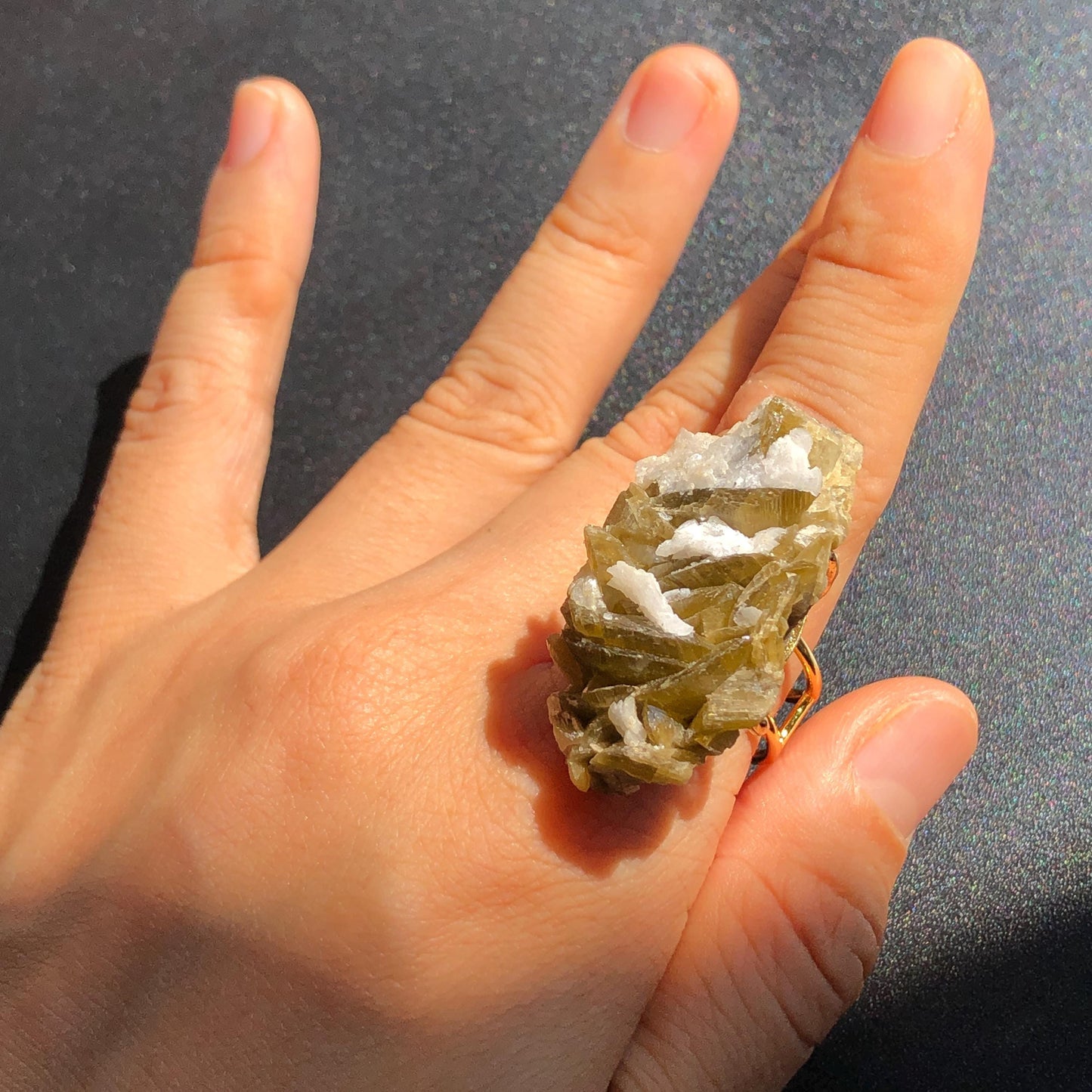 Raw Siderite Dolomite Ring, Raw Green White Crystal Big Raw Stone Ring, Large Statement Ring, Chunky Irregular Ring Gift, Raw Minerals Ring, adjustable band ring, gold plated copper ring, raw rock, birthstone ring, huge cocktail ring for men women