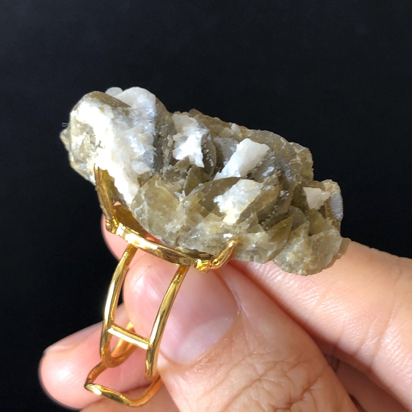 Raw Siderite Dolomite Ring, Raw Green White Crystal Big Raw Stone Ring, Large Statement Ring, Chunky Irregular Ring Gift, Raw Minerals Ring, adjustable band ring, gold plated copper ring, raw rock, birthstone ring, huge cocktail ring for men women