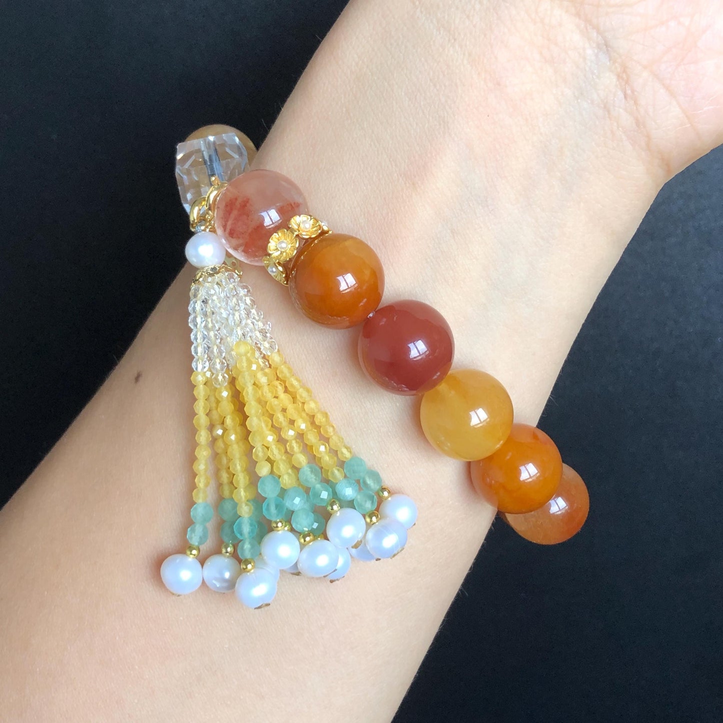 Multicolour Rutilated Quartz Carved Nine-tailed Fox Charm Crystal Big Bead Customized Bracelet with Clear Quartz | Removable Crystal Tassel, tourmaline charm, red rutilated quartz, yellow rutilated quartz, transformation stone, abundance crystal