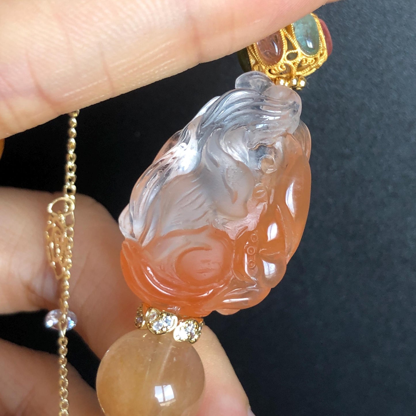 Multicolour Rutilated Quartz Carved Nine-tailed Fox Charm Crystal Big Bead Customized Bracelet with Clear Quartz | Removable Crystal Tassel, tourmaline charm, red rutilated quartz, yellow rutilated quartz, transformation stone, abundance crystal