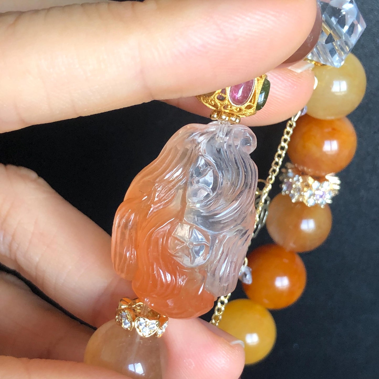 Multicolour Rutilated Quartz Carved Nine-tailed Fox Charm Crystal Big Bead Customized Bracelet with Clear Quartz | Removable Crystal Tassel, tourmaline charm, red rutilated quartz, yellow rutilated quartz, transformation stone, abundance crystal