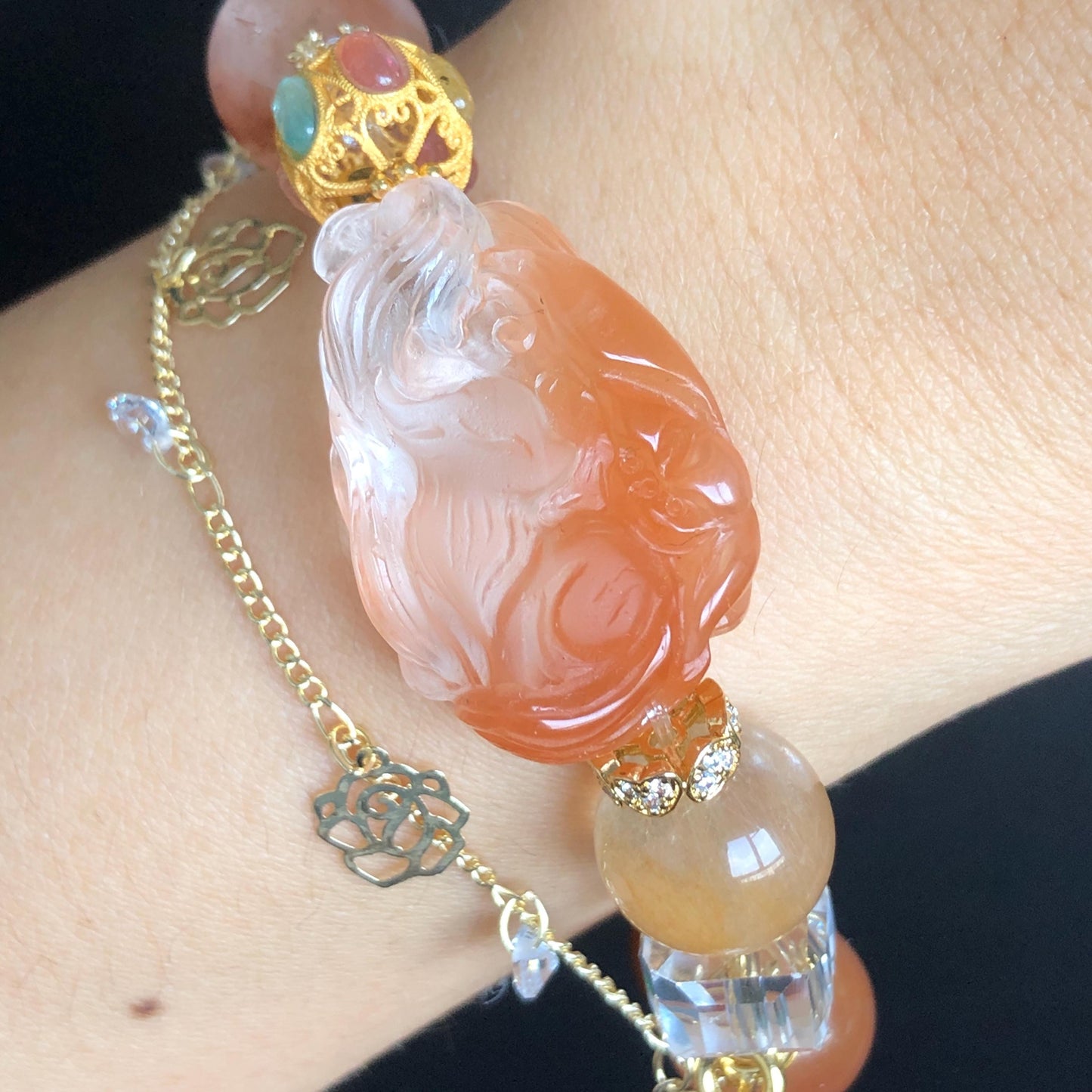 Multicolour Rutilated Quartz Carved Nine-tailed Fox Charm Crystal Big Bead Customized Bracelet with Clear Quartz | Removable Crystal Tassel, tourmaline charm, red rutilated quartz, yellow rutilated quartz, transformation stone, abundance crystal