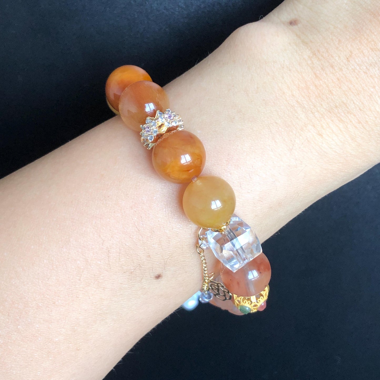 Multicolour Rutilated Quartz Carved Nine-tailed Fox Charm Crystal Big Bead Customized Bracelet with Clear Quartz | Removable Crystal Tassel, tourmaline charm, red rutilated quartz, yellow rutilated quartz, transformation stone, abundance crystal