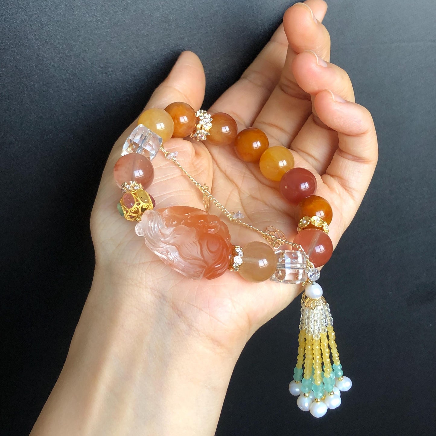 Multicolour Rutilated Quartz Carved Nine-tailed Fox Charm Crystal Big Bead Customized Bracelet with Clear Quartz | Removable Crystal Tassel, tourmaline charm, red rutilated quartz, yellow rutilated quartz, transformation stone, abundance crystal