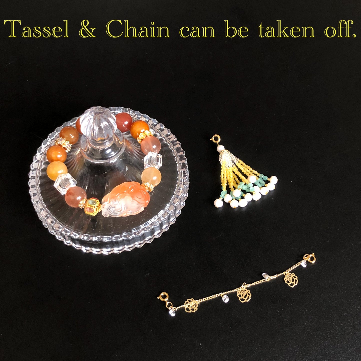 Multicolour Rutilated Quartz Carved Nine-tailed Fox Charm Crystal Big Bead Customized Bracelet with Clear Quartz | Removable Crystal Tassel, tourmaline charm, red rutilated quartz, yellow rutilated quartz, transformation stone, abundance crystal