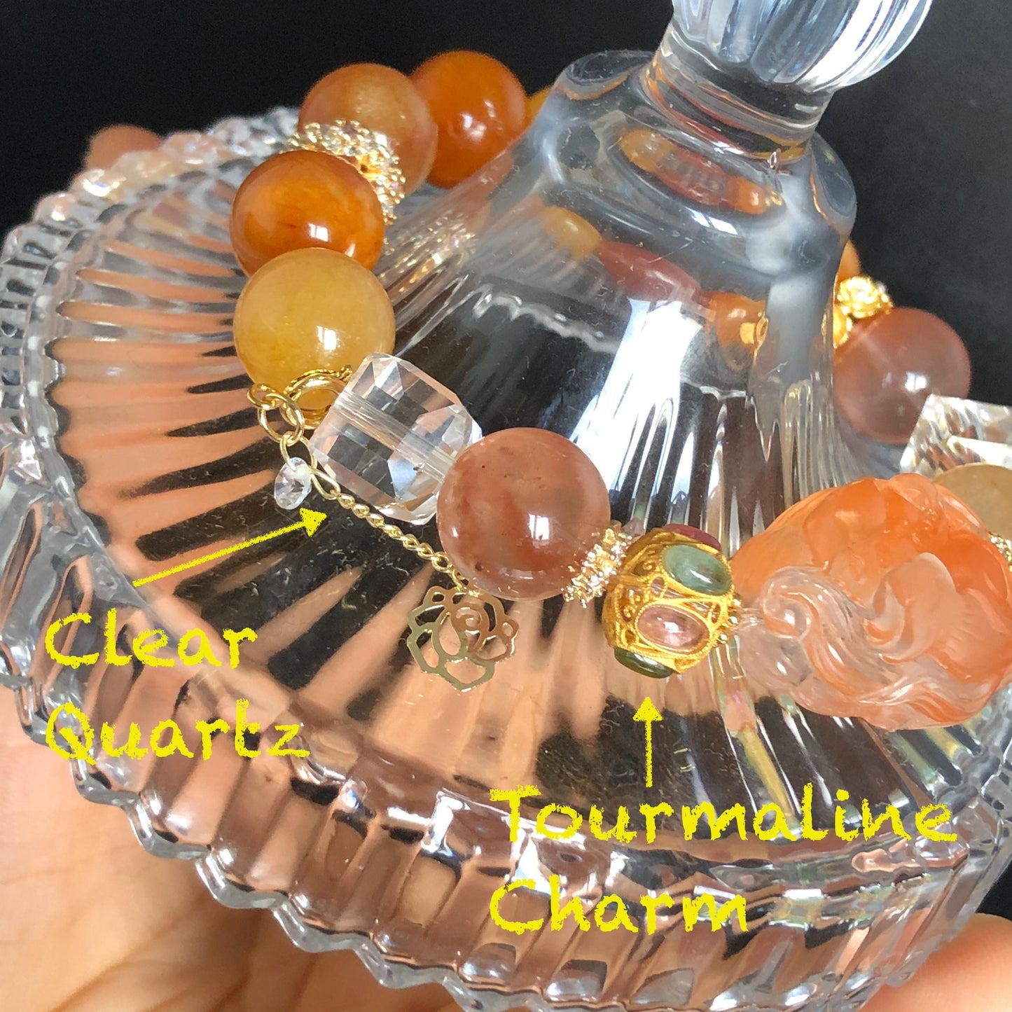 Multicolour Rutilated Quartz Carved Nine-tailed Fox Charm Crystal Big Bead Customized Bracelet with Clear Quartz | Removable Crystal Tassel, tourmaline charm, red rutilated quartz, yellow rutilated quartz, transformation stone, abundance crystal