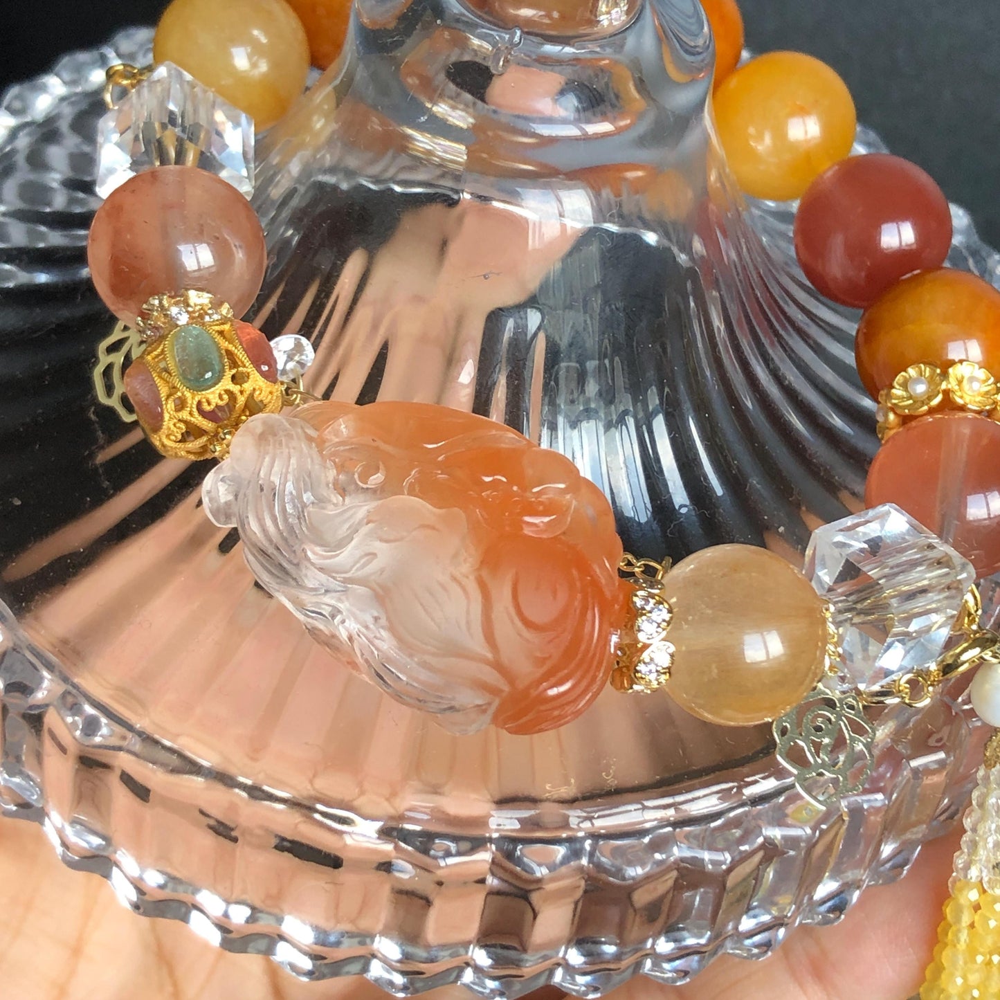Multicolour Rutilated Quartz Carved Nine-tailed Fox Charm Crystal Big Bead Customized Bracelet with Clear Quartz | Removable Crystal Tassel, tourmaline charm, red rutilated quartz, yellow rutilated quartz, transformation stone, abundance crystal