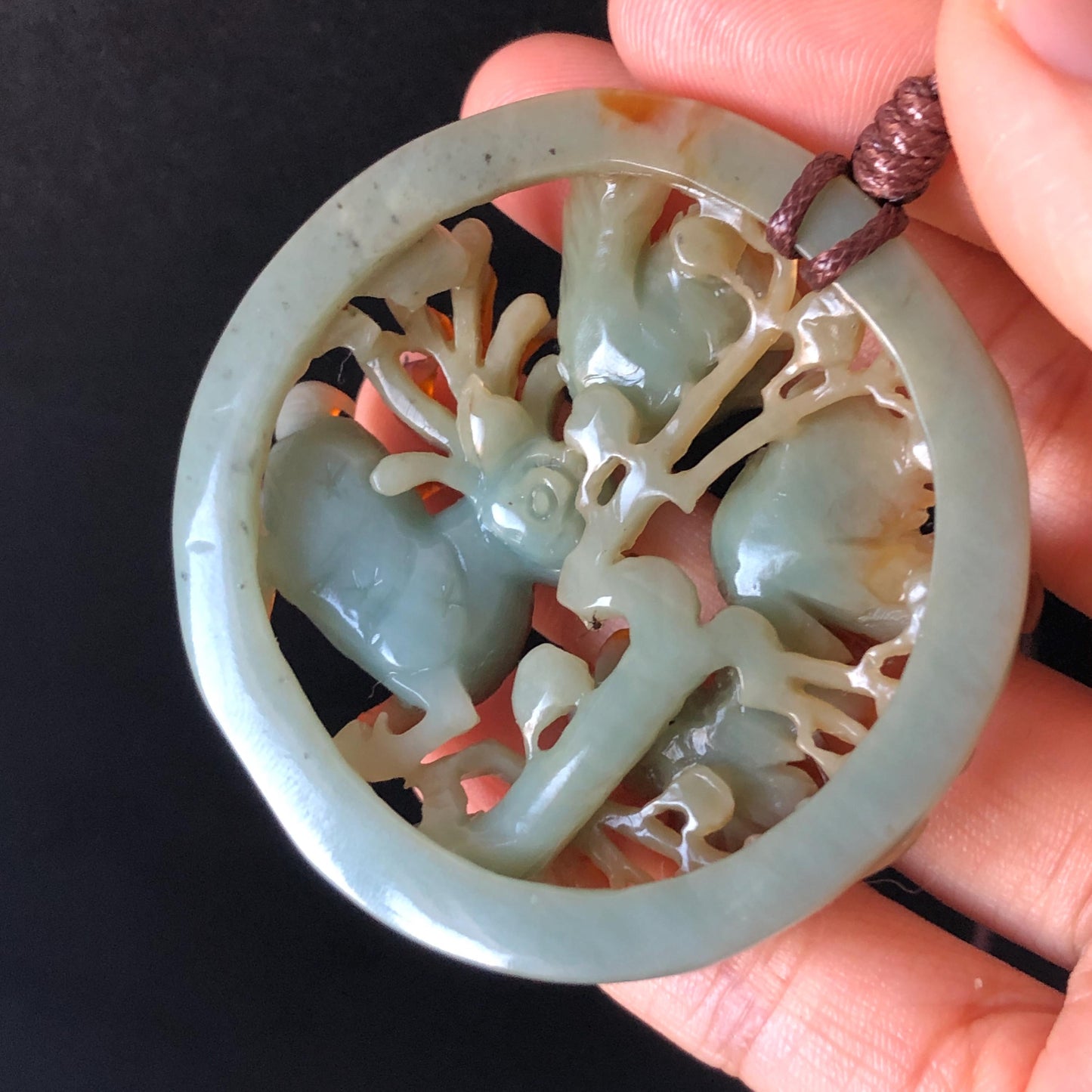 Certified Natural Xiu Jade Serpentine Hand Carved Magpie Birds, Deer and Flower Pendant Adjustable Necklace | Greenish Blue & Caramel Brown, jade carving, stone pendant adjustable necklace choker, multicoloured jade, green jade charm brown jade gift