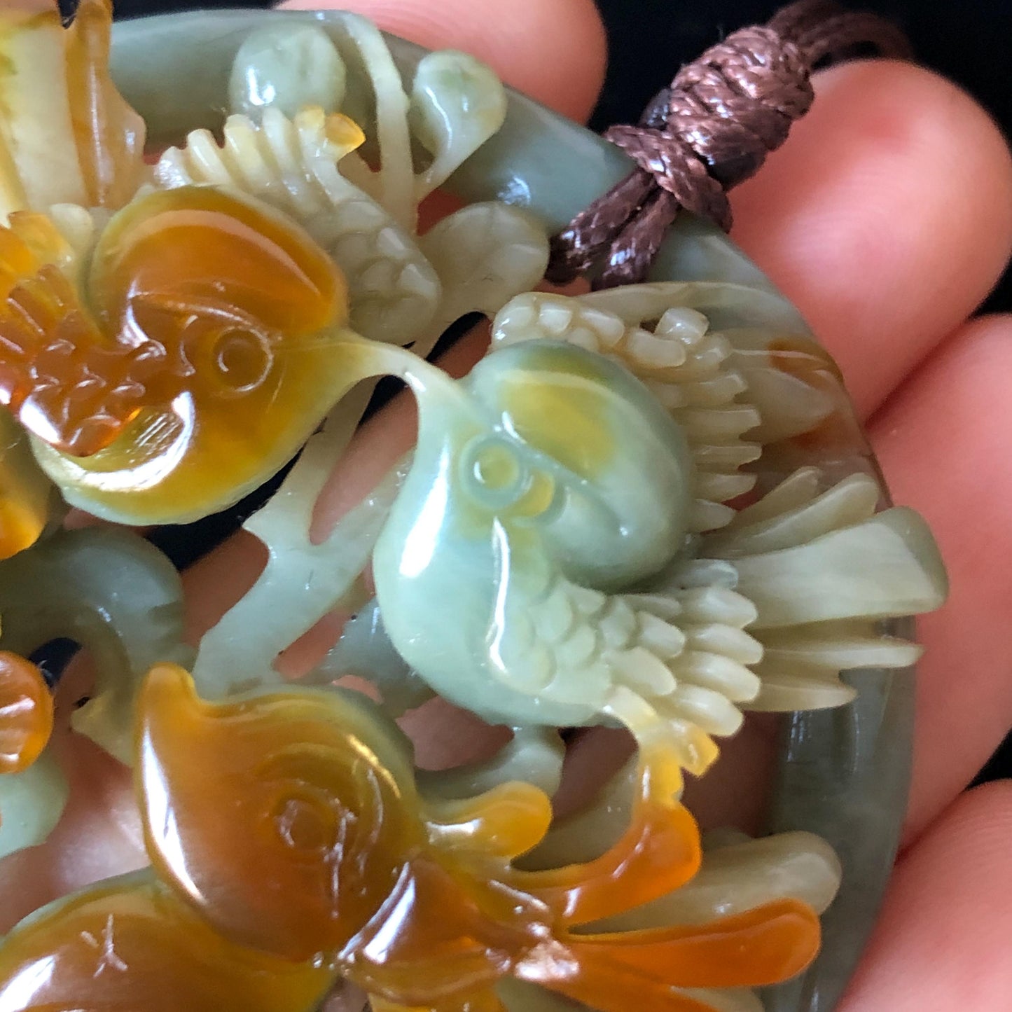 Certified Natural Xiu Jade Serpentine Hand Carved Magpie Birds, Deer and Flower Pendant Adjustable Necklace | Greenish Blue & Caramel Brown, jade carving, stone pendant adjustable necklace choker, multicoloured jade, green jade charm brown jade gift