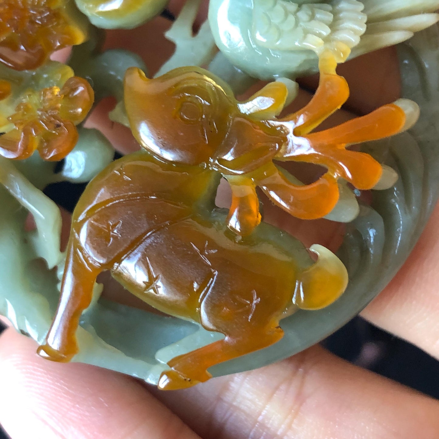 Certified Natural Xiu Jade Serpentine Hand Carved Magpie Birds, Deer and Flower Pendant Adjustable Necklace | Greenish Blue & Caramel Brown, jade carving, stone pendant adjustable necklace choker, multicoloured jade, green jade charm brown jade gift