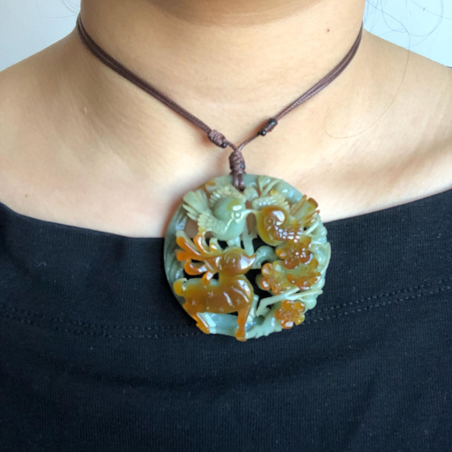 Certified Natural Xiu Jade Serpentine Hand Carved Magpie Birds, Deer and Flower Pendant Adjustable Necklace | Greenish Blue & Caramel Brown, jade carving, stone pendant adjustable necklace choker, multicoloured jade, green jade charm brown jade gift