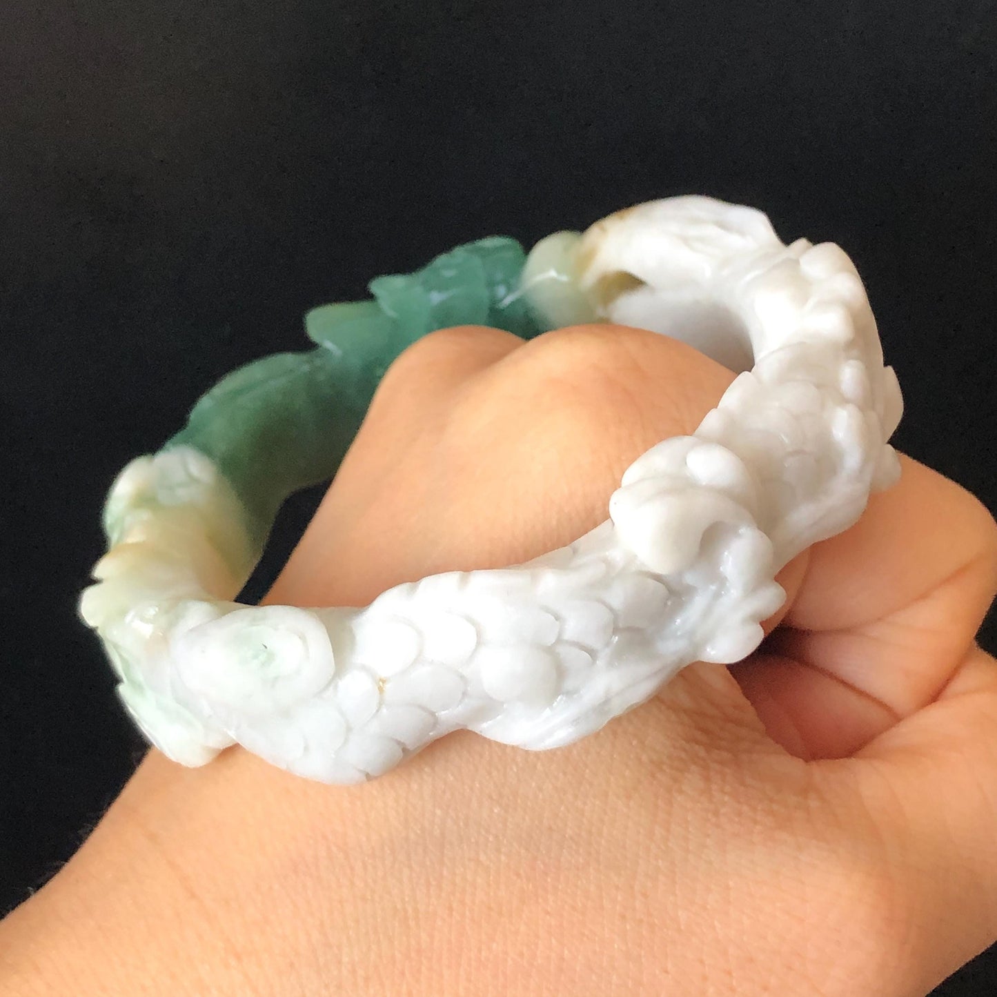 54.2mm Natural Xiu Jade Hand Carved Dragon Bangle | Serpentine Stone Gemstone Bracelet | Emerges from Sea to Sky | Greenish Blue Jade White Jade, jade carving, dragon carving, engraved jade bangle for women, gemstone bracelet crystal bangle gift