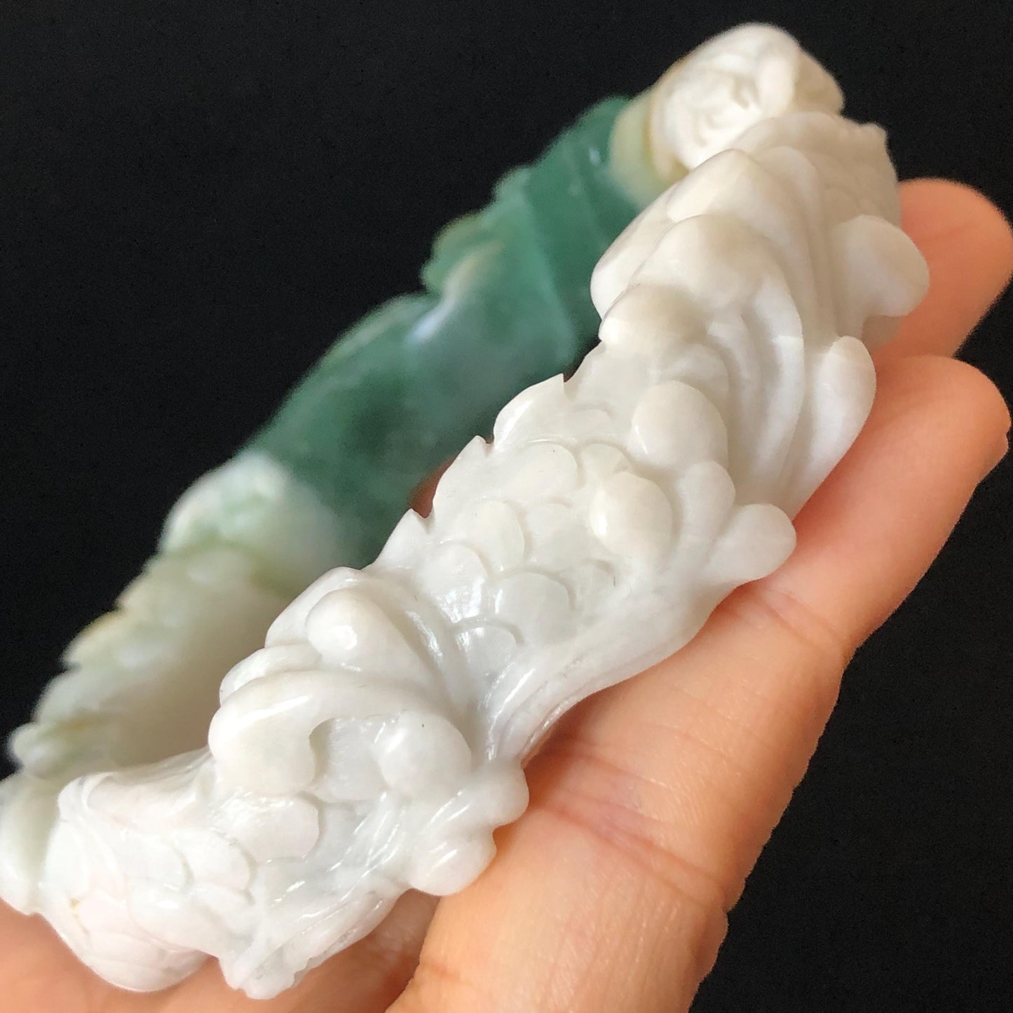 54.2mm Natural Xiu Jade Hand Carved Dragon Bangle | Serpentine Stone Gemstone Bracelet | Emerges from Sea to Sky | Greenish Blue Jade White Jade, jade carving, dragon carving, engraved jade bangle for women, gemstone bracelet crystal bangle gift