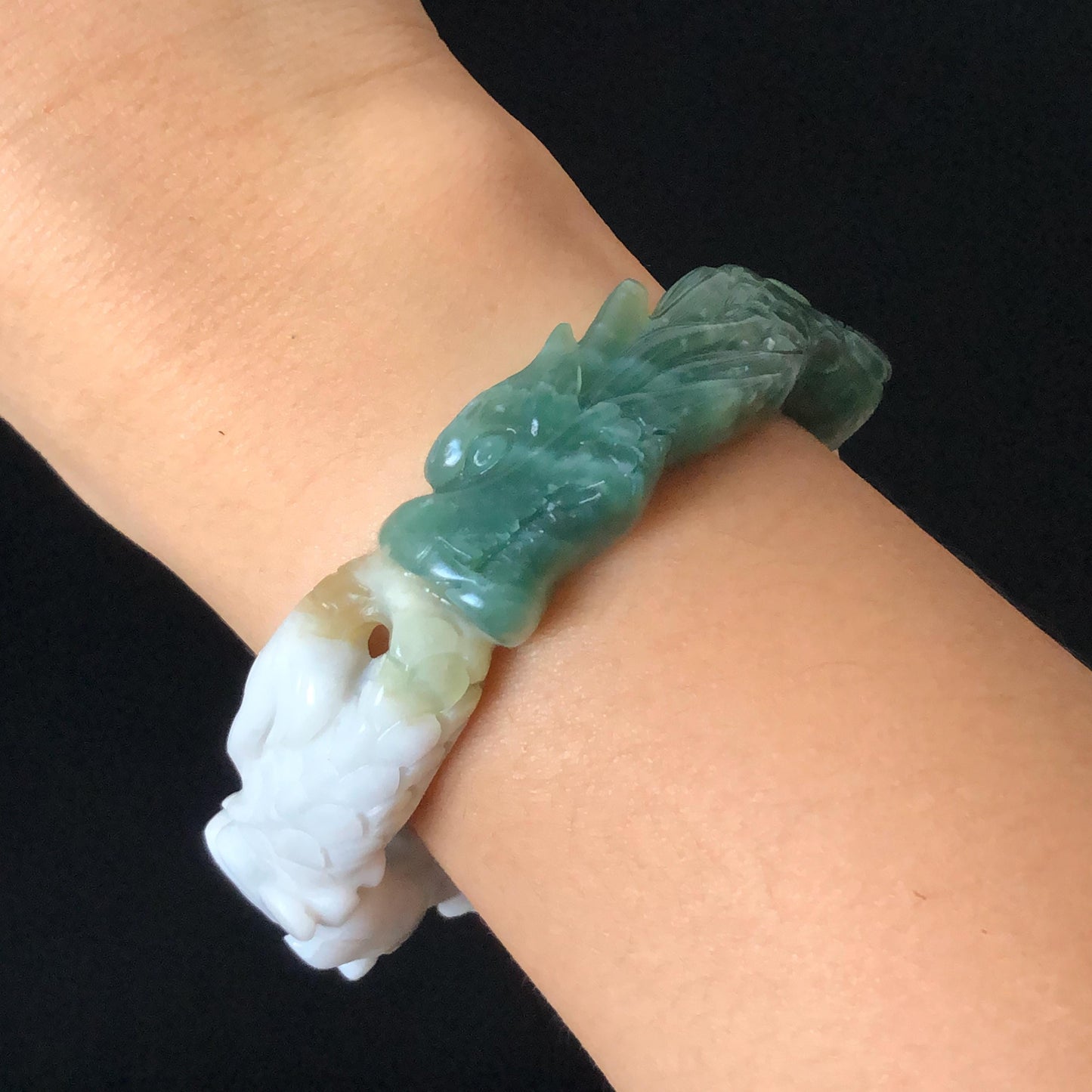 54.2mm Natural Xiu Jade Hand Carved Dragon Bangle | Serpentine Stone Gemstone Bracelet | Emerges from Sea to Sky | Greenish Blue Jade White Jade, jade carving, dragon carving, engraved jade bangle for women, gemstone bracelet crystal bangle gift