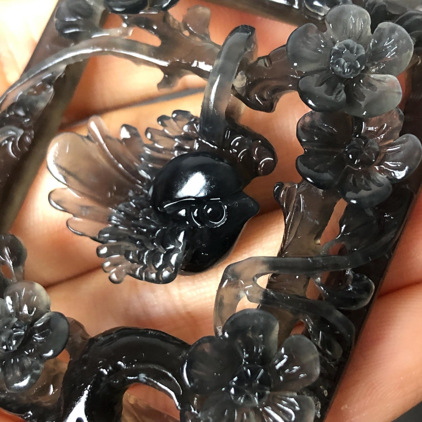 Movable! Certified Natural Xiu Jade Serpentine Hand Carved Magpie Bird Dangler with Flower Pendant Adjustable Necklace | Icy Gray Black Jade crystal charm gemstone pendant choker jade carving bird charm engraved stone flower jade gift for her women