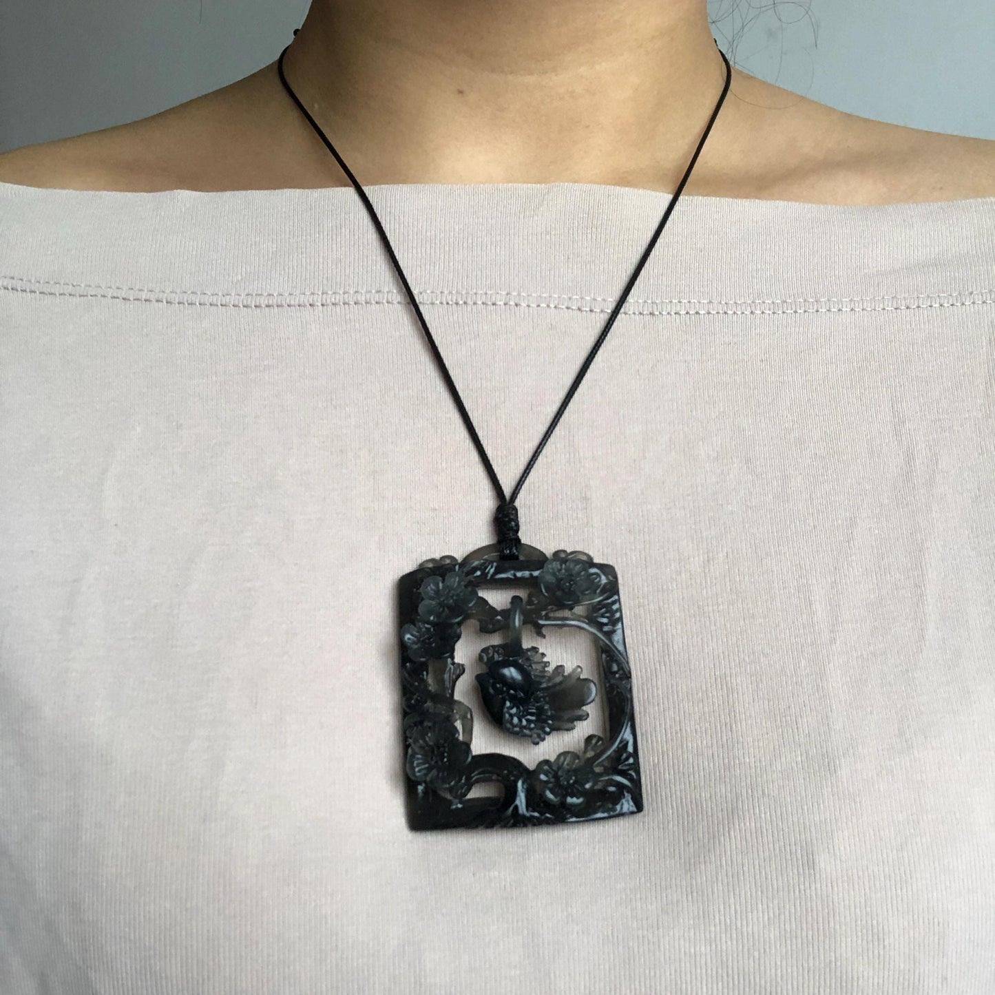 Movable! Certified Natural Xiu Jade Serpentine Hand Carved Magpie Bird Dangler with Flower Pendant Adjustable Necklace | Icy Gray Black Jade crystal charm gemstone pendant choker jade carving bird charm engraved stone flower jade gift for her women