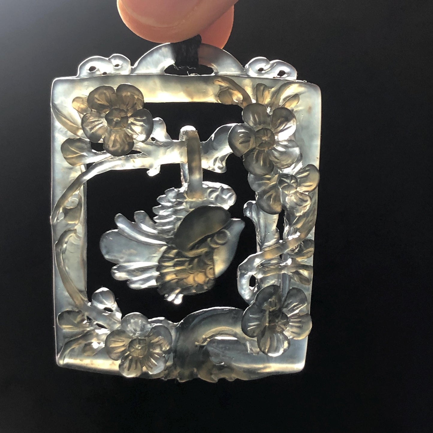 Movable! Certified Natural Xiu Jade Serpentine Hand Carved Magpie Bird Dangler with Flower Pendant Adjustable Necklace | Icy Gray Black Jade crystal charm gemstone pendant choker jade carving bird charm engraved stone flower jade gift for her women