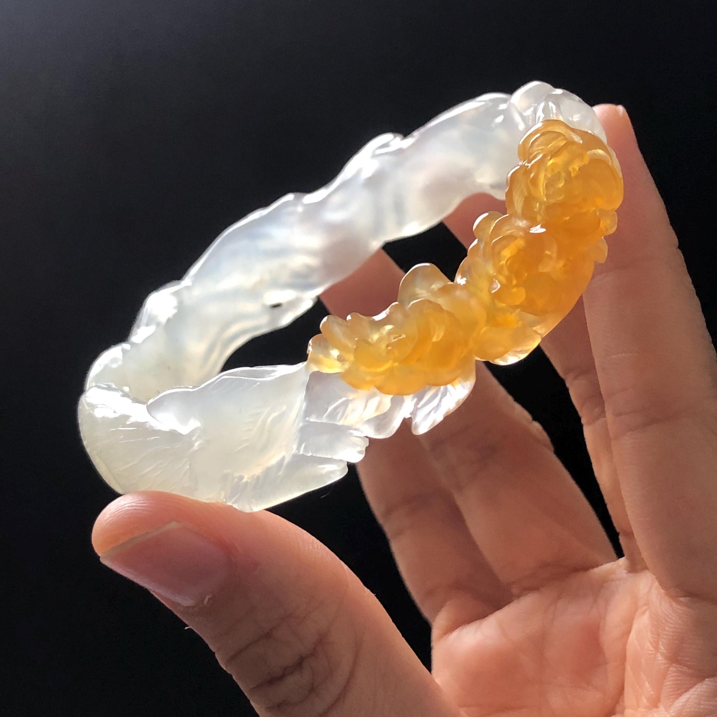 59.5mm Natural Xiu Jade Serpentine Hand Carved Nine-tailed fox with flower bangle | White & Yellow Jade Bracelet | Crystal Stone Gemstone Bangle for women, gift for her, white jade yellow jade, jade carving, hand-engraved bracelet, Malus spectabilis