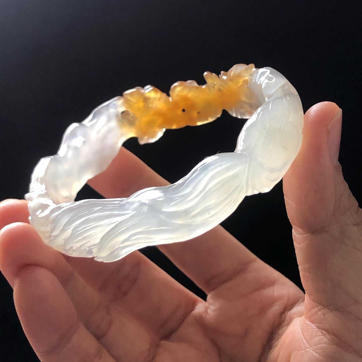 59.5mm Natural Xiu Jade Serpentine Hand Carved Nine-tailed fox with flower bangle | White & Yellow Jade Bracelet | Crystal Stone Gemstone Bangle for women, gift for her, white jade yellow jade, jade carving, hand-engraved bracelet, Malus spectabilis