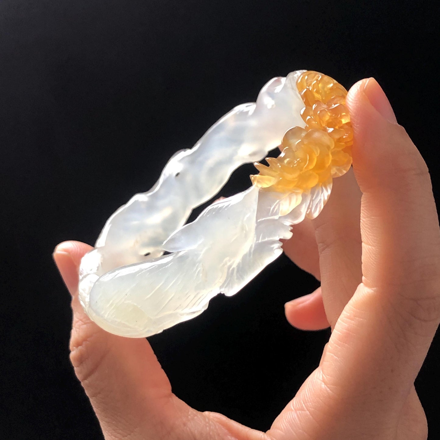 59.5mm Natural Xiu Jade Serpentine Hand Carved Nine-tailed fox with flower bangle | White & Yellow Jade Bracelet | Crystal Stone Gemstone Bangle for women, gift for her, white jade yellow jade, jade carving, hand-engraved bracelet, Malus spectabilis