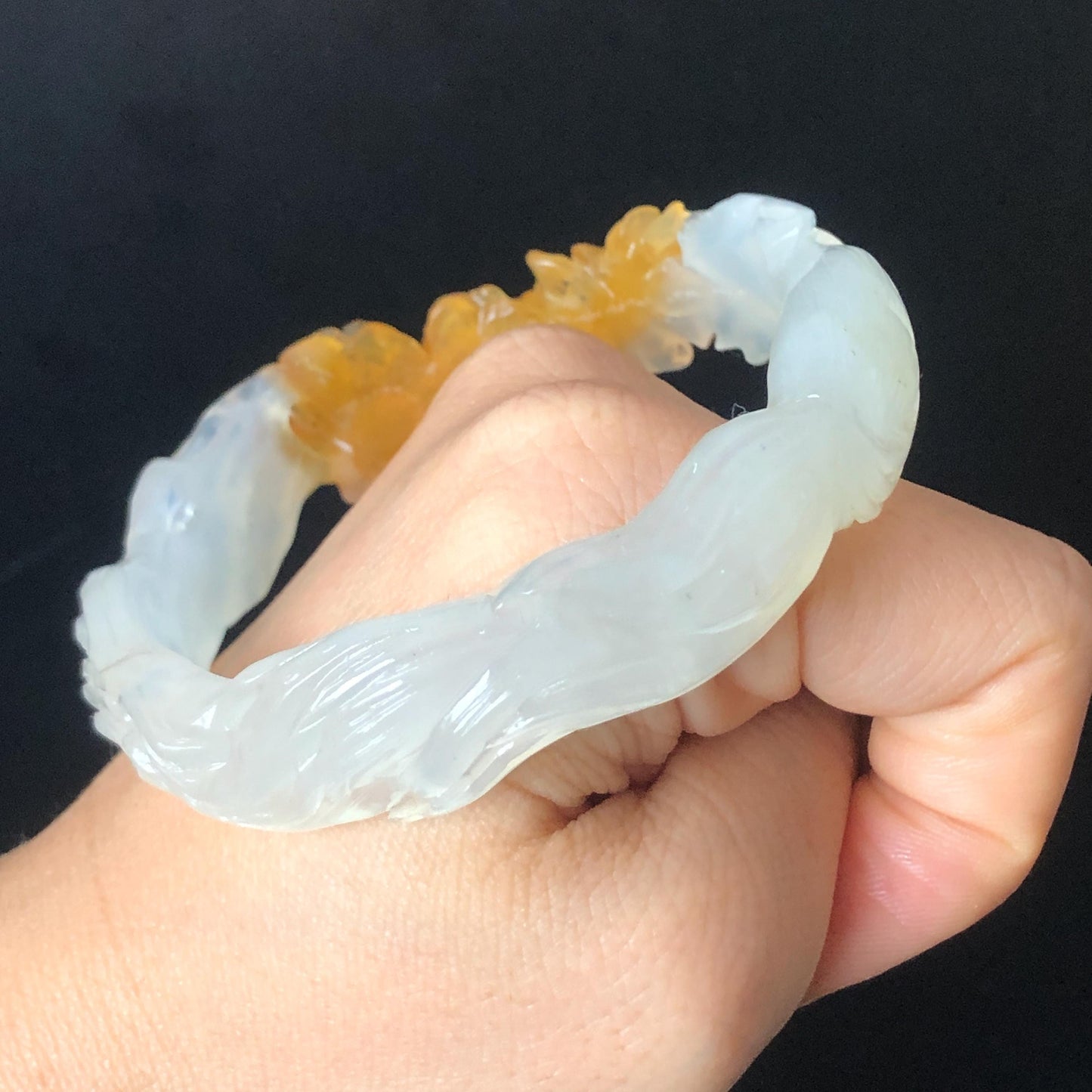 59.5mm Natural Xiu Jade Serpentine Hand Carved Nine-tailed fox with flower bangle | White & Yellow Jade Bracelet | Crystal Stone Gemstone Bangle for women, gift for her, white jade yellow jade, jade carving, hand-engraved bracelet, Malus spectabilis