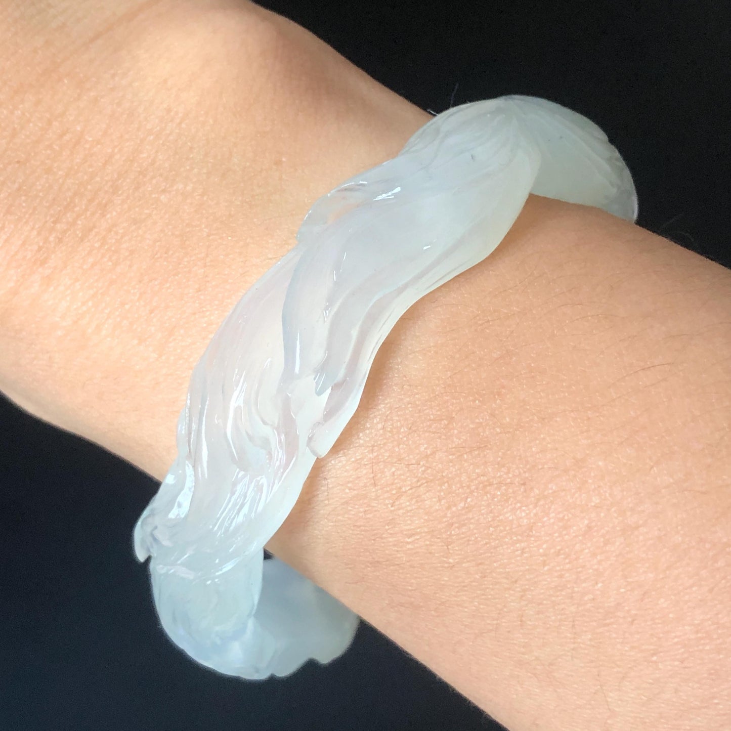 59.5mm Natural Xiu Jade Serpentine Hand Carved Nine-tailed fox with flower bangle | White & Yellow Jade Bracelet | Crystal Stone Gemstone Bangle for women, gift for her, white jade yellow jade, jade carving, hand-engraved bracelet, Malus spectabilis