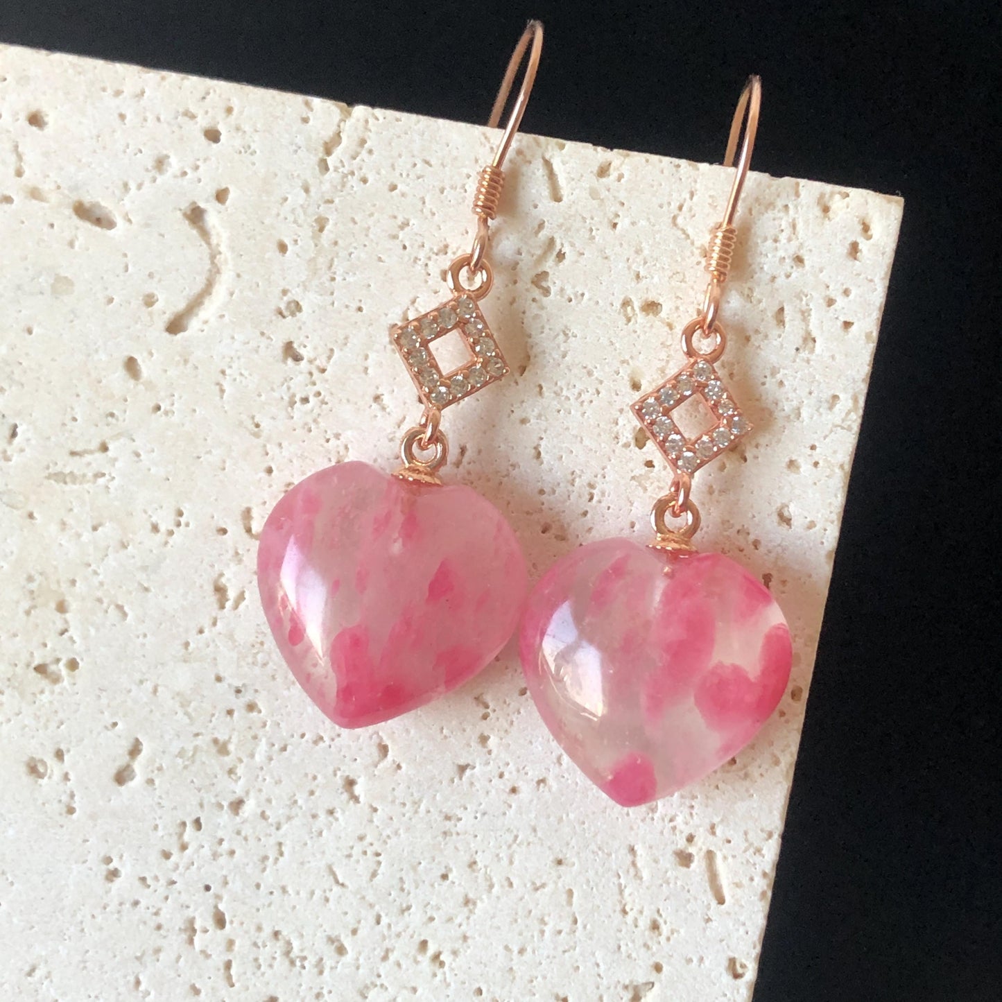Ultra-rare AAA Rhodonite Sakura Rain Icy Heart-shaped Earrings from South Africa | Cherry Plum Blossom | Icy & Translucent Crystal gemstone