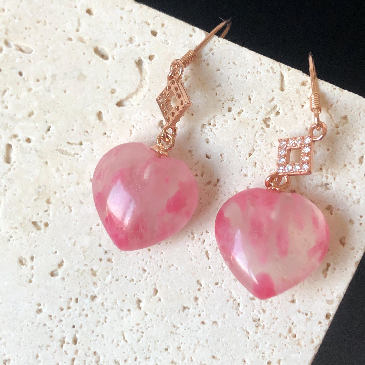 Ultra-rare AAA Rhodonite Sakura Rain Icy Heart-shaped Earrings from South Africa | Cherry Plum Blossom | Icy & Translucent Crystal gemstone