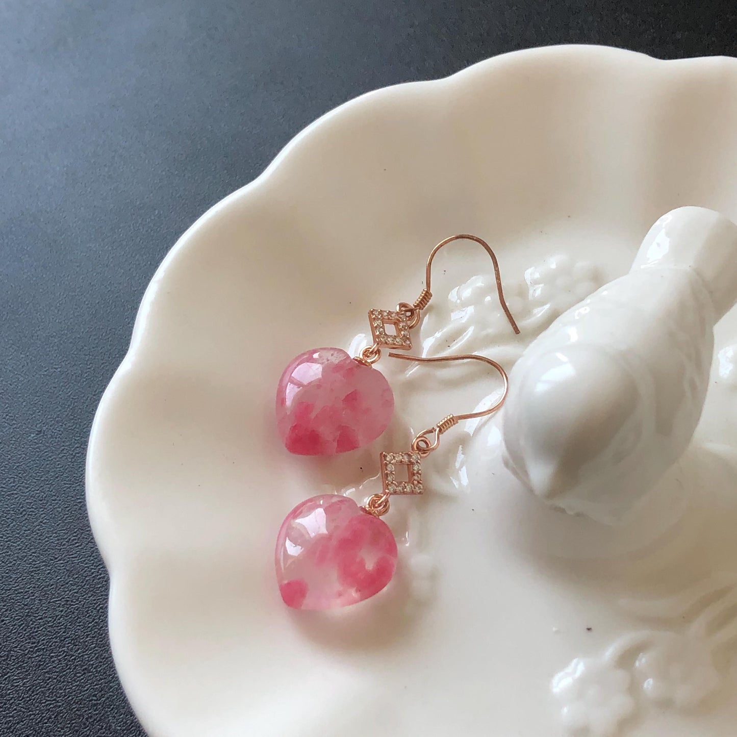 Ultra-rare AAA Rhodonite Sakura Rain Icy Heart-shaped Earrings from South Africa | Cherry Plum Blossom | Icy & Translucent Crystal gemstone