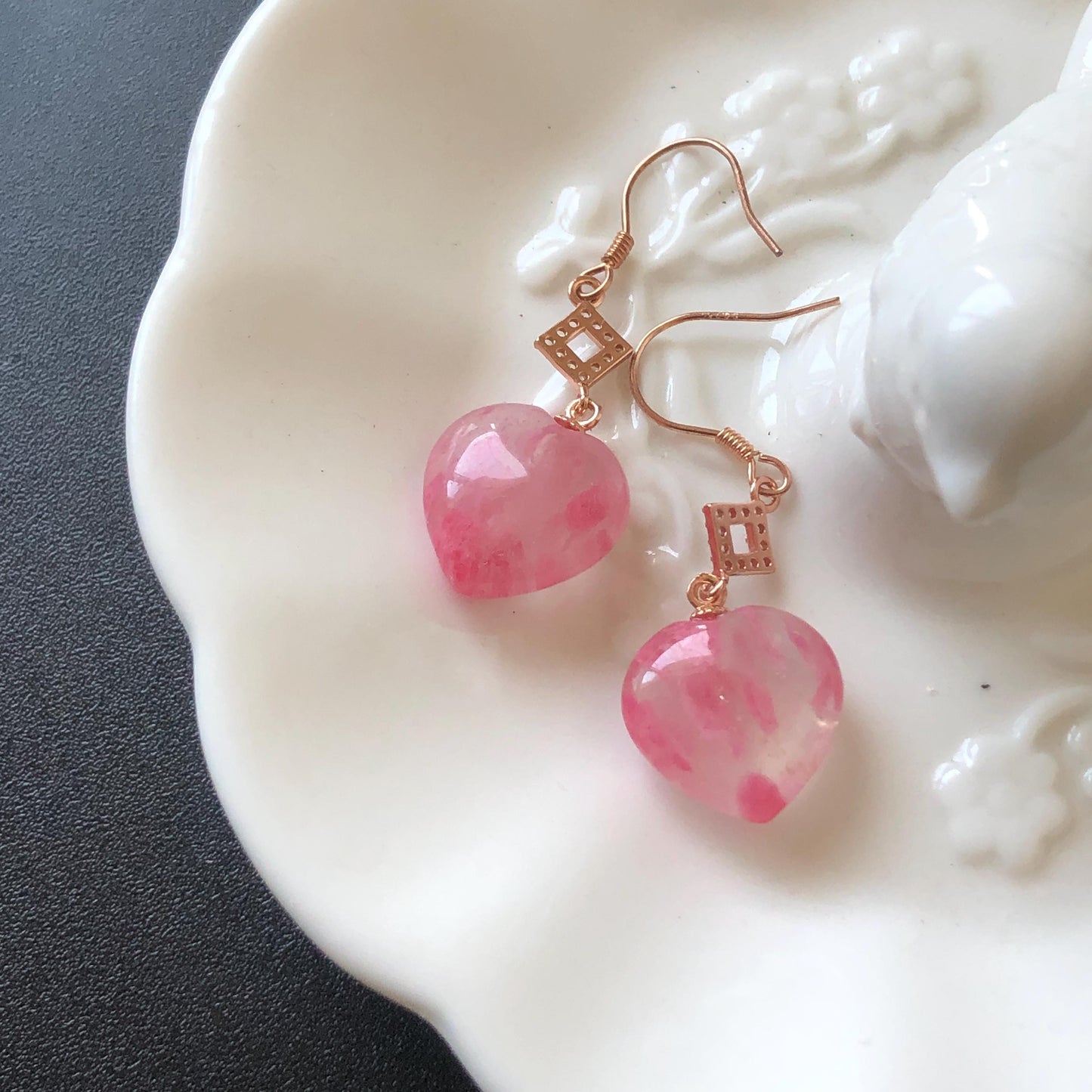 Ultra-rare AAA Rhodonite Sakura Rain Icy Heart-shaped Earrings from South Africa | Cherry Plum Blossom | Icy & Translucent Crystal gemstone