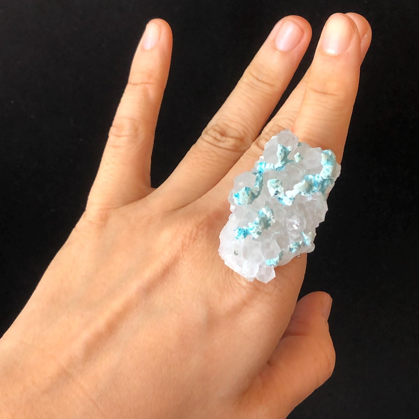 Raw Blue Hemimorphite Clear Quartz Crystal Stone Ring | Adjustable Statement Band Ring | Natural Gemstone Chunky Irregular ring gift for her, silver plated ring, huge crystal ring large stone ring big cocktail ring, modern ring, men statement ring