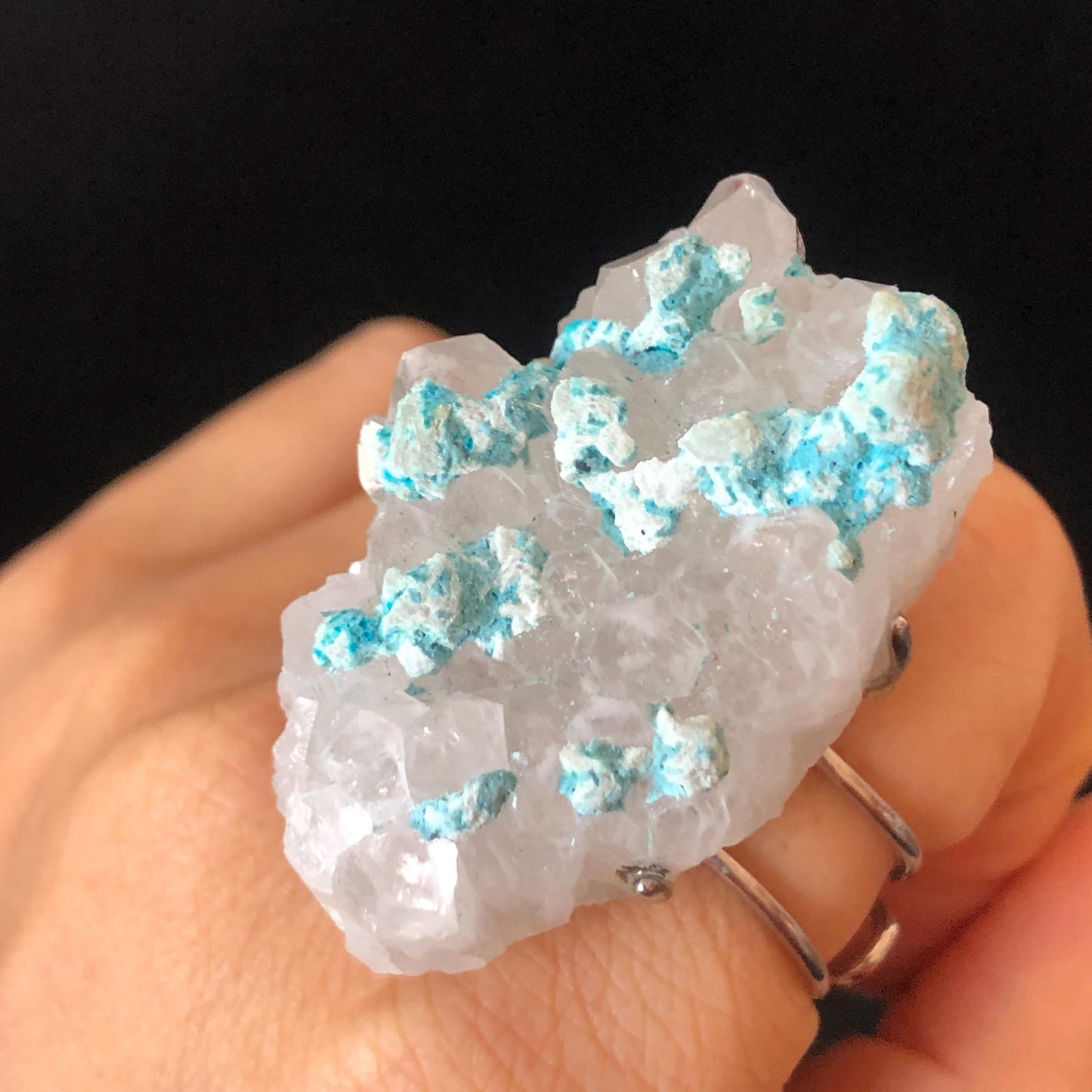 Raw Blue Hemimorphite Clear Quartz Crystal Stone Ring | Adjustable Statement Band Ring | Natural Gemstone Chunky Irregular ring gift for her, silver plated ring, huge crystal ring large stone ring big cocktail ring, modern ring, men statement ring