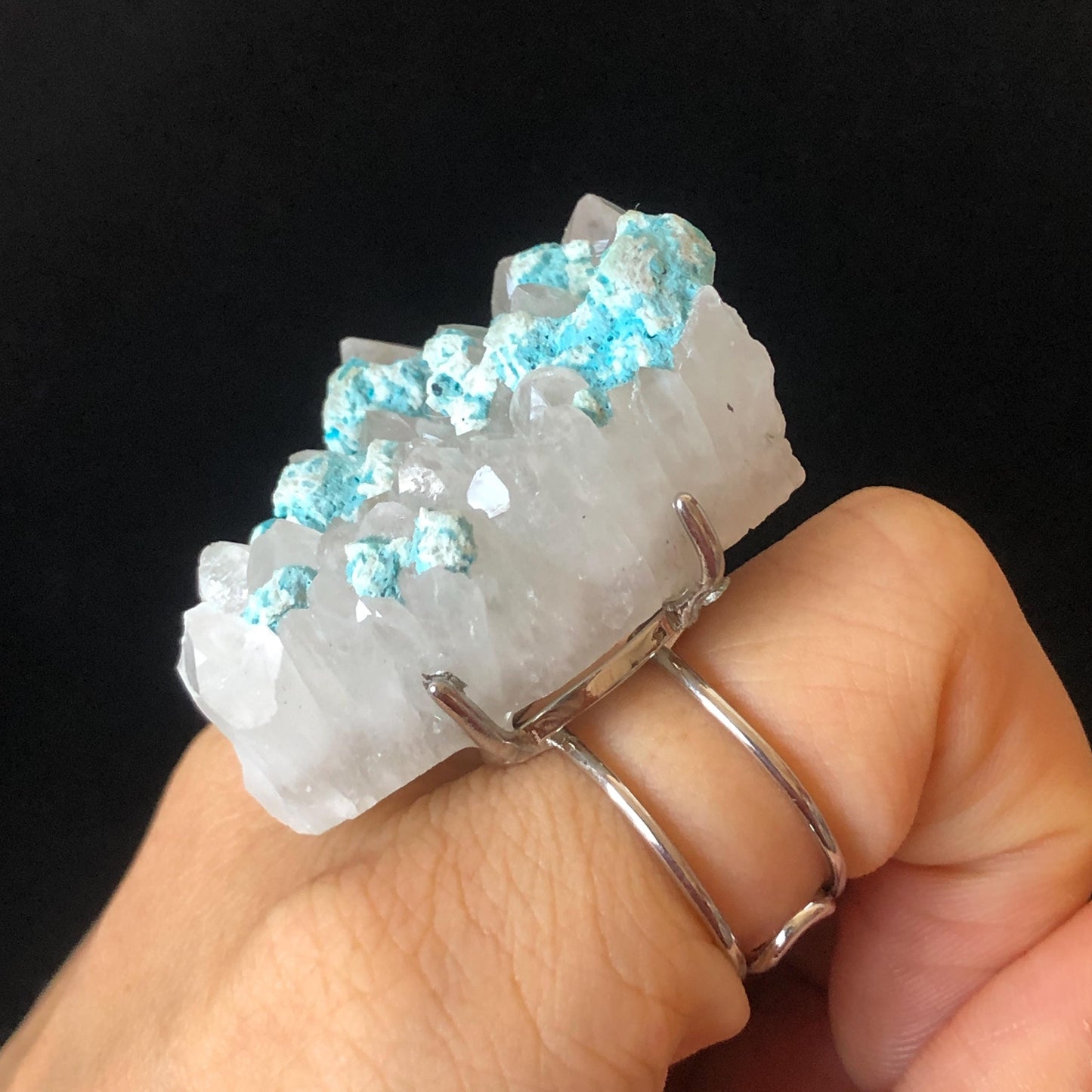Raw Blue Hemimorphite Clear Quartz Crystal Stone Ring | Adjustable Statement Band Ring | Natural Gemstone Chunky Irregular ring gift for her, silver plated ring, huge crystal ring large stone ring big cocktail ring, modern ring, men statement ring