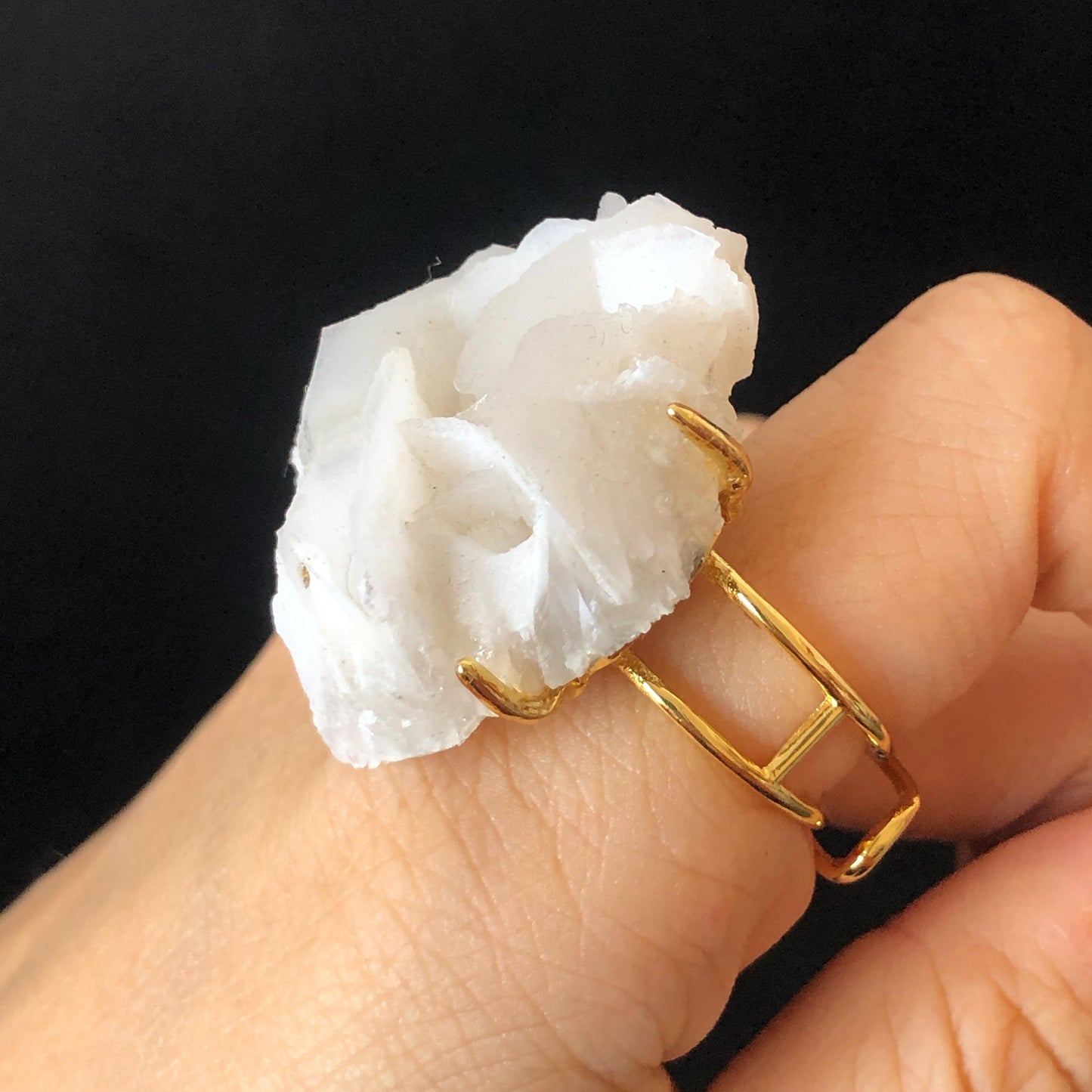 White Rose Calcite Ring | Large Raw Stone Ring Adjustable Crystal Statement Ring Irregular Chunky Crystal Ring Healing Stone for her, raw minerals ring, big gemstone ring, women cocktail ring, soothing stone healing crystal gold plated ring for women